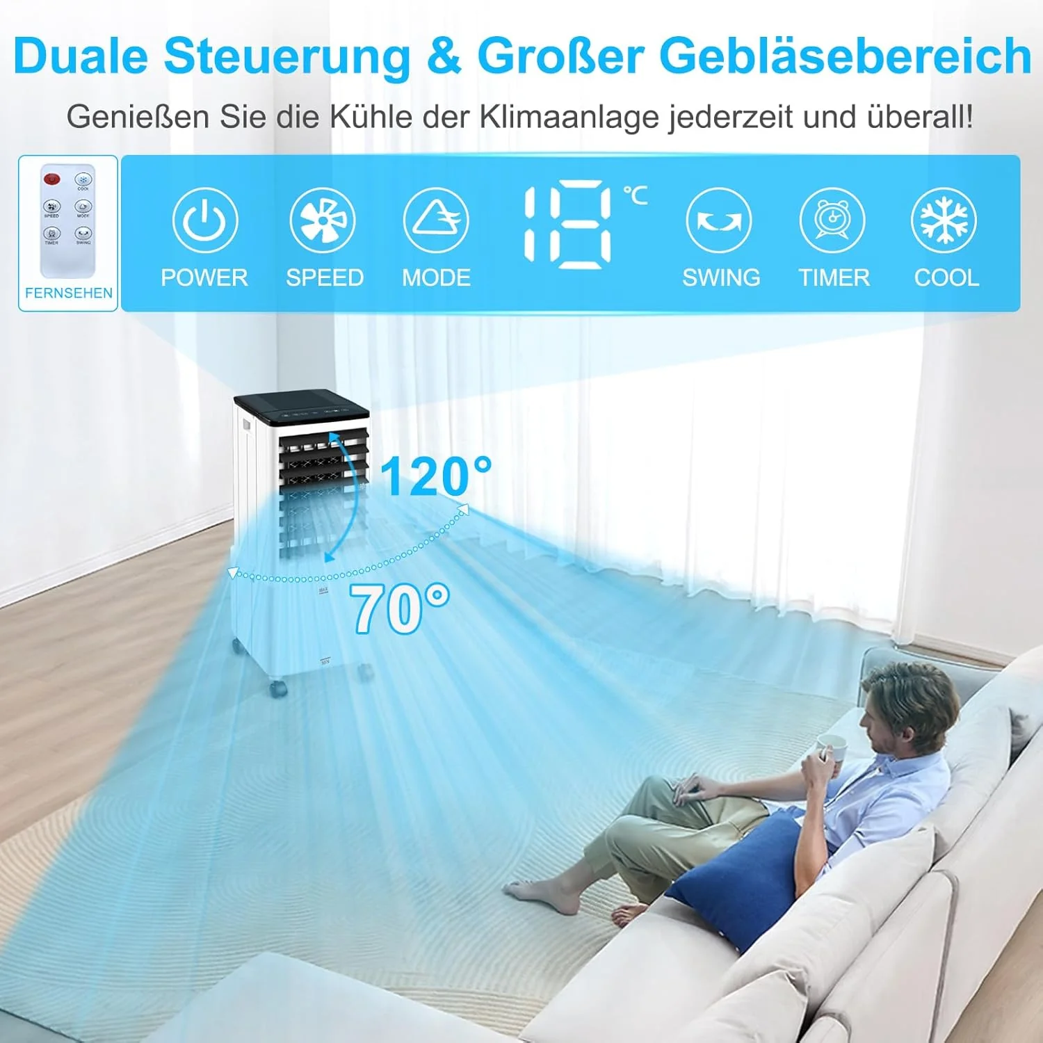 Airconditioner zonder afvoerslang, 12L 60W Mobiele Airconditioner met 12H Timer, 3 Modi, 40dB, 120�� Oscillatie, Afneembare Watertank, Afstandsbediening, Stille Luchtkoeler Air Conditioner voor Woning Kamer Ruimtes