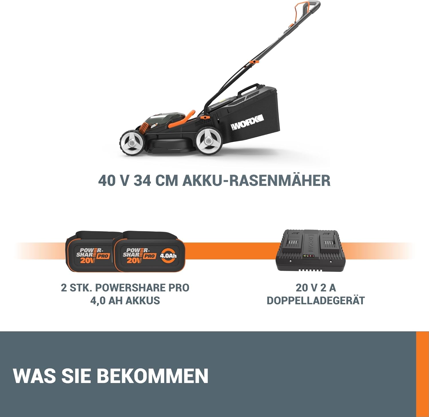 WORX WG779E.1 Akku-Rasenmäher 40V (2 x 20V) - 34 cm Schnittbreite - ideal für Gärten bis zu 460m² - IntelliCut Technologie - einfache Aufbewahrung - inkl. 2x4Ah Akkus & Dual-Schnellladegerät