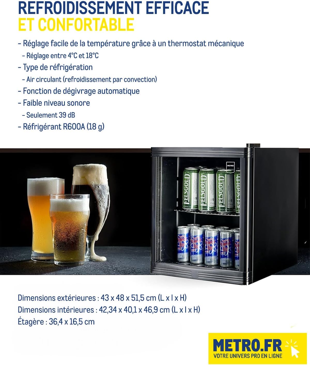 METRO Professional Minibar vitré/Réfrigérateur GPC1046, verre/acier inoxydable, 43 x 48 x 51.5 cm, 46 L, froid ventilé, noir