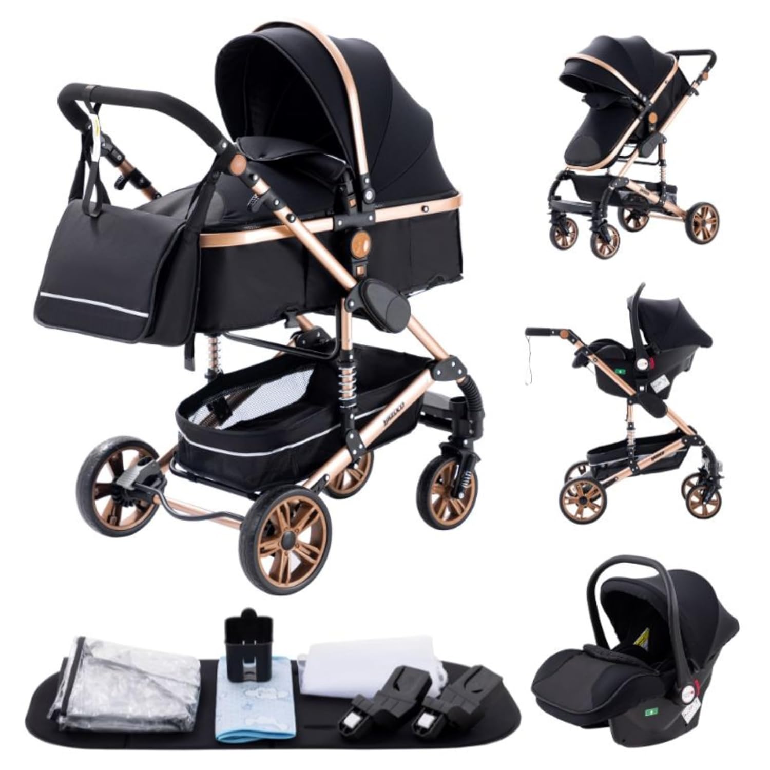 YAZOCO kinderwagen 3 in 1, Zusammenklappbar kinderwagen mit Wickeltasche,Komplettset Becherhalter,Moskitonetz, Fußabdeckung,Sitzzubehör (4 Rosa)