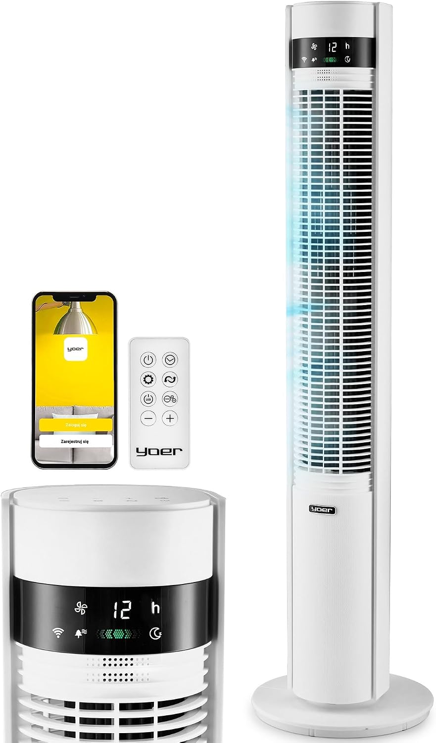 YOER 19dB sehr Leiser Turmventilator, 12 m Wurfweite, WLAN & App, 12 Geschwindigstufen 3 Modi 12h Timer 80° Oszillation, Ventilator mit Plasma-Ionisator für Schlafzimmer, CoolWhisper TF07W, weiß