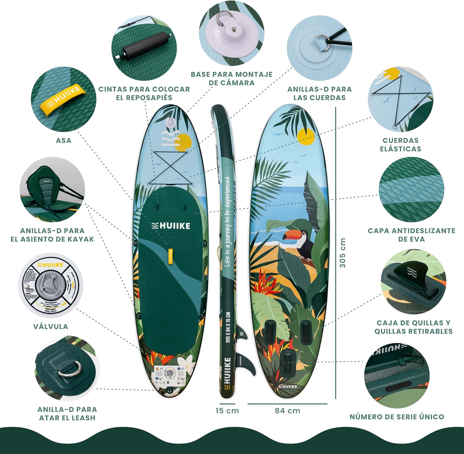 HUIIKE Tabla Paddle Surf Hinchable con Accesorios Incluidos, Remo, Quillas, Inflador. Stand Up Paddle Board Gran Estabilidad y Resistencia. 305 x 84 x 15 cm, Soporta hasta 130 kg