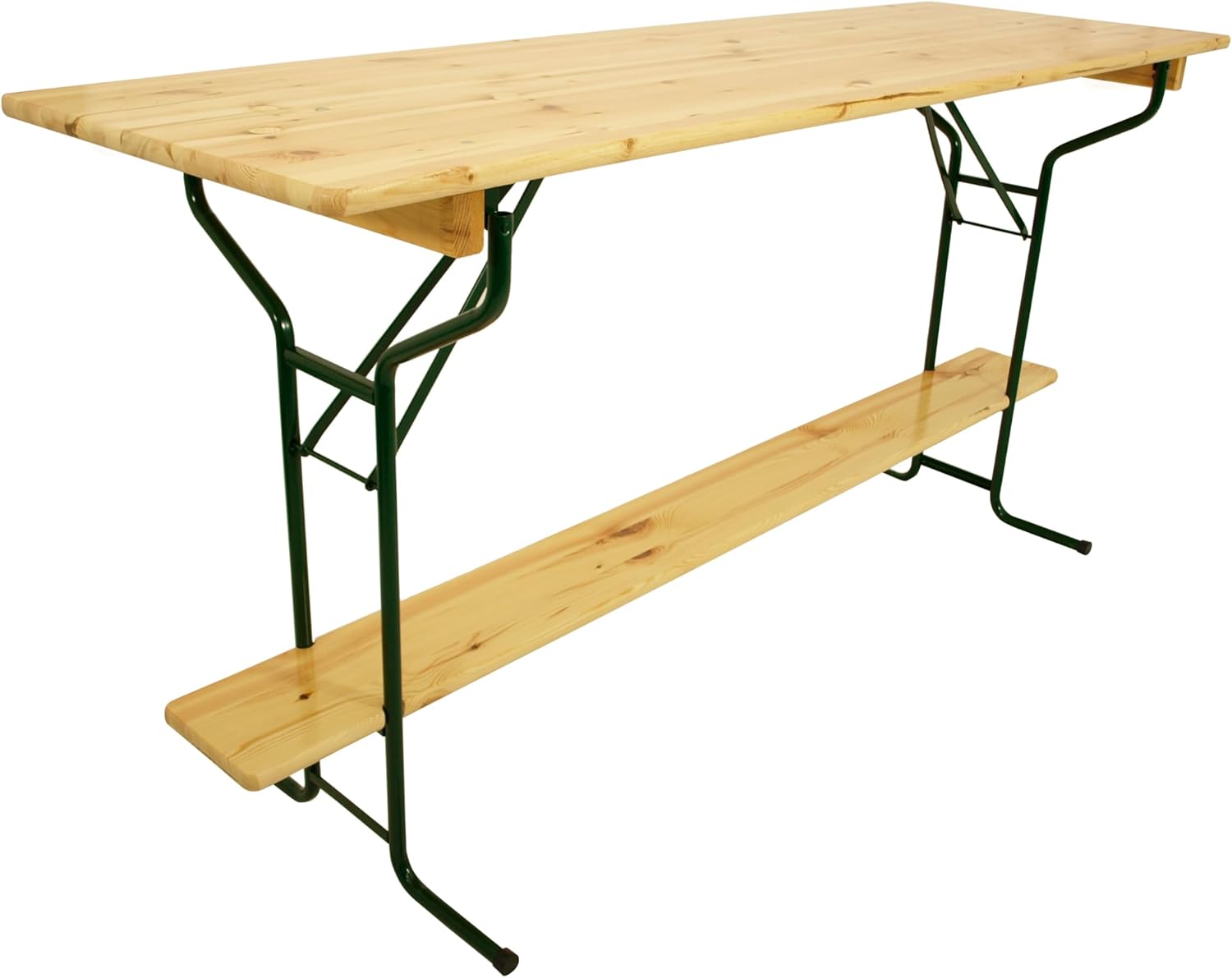DEGAMO Stehtisch Bartisch Bamberg 70 x 220cm, Gestell Stahlrohr dunkelgrün, Tischplatte Kiefernholz transparent beschichtet, klappbar, Höhe 110cm