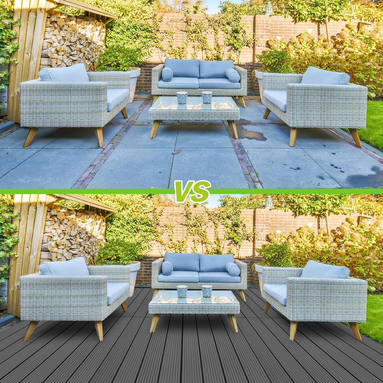Fiqops 36 Stück WPC Terrassenfliesen, 30x60 cm Balkon Bodenfliese,Gartenfliesen mit Klick-System,Terrassendielen Balkonfliesen Klickfliesen,Terrassendielen Wasserfest für Terrasse,für 6m² Anthrazit