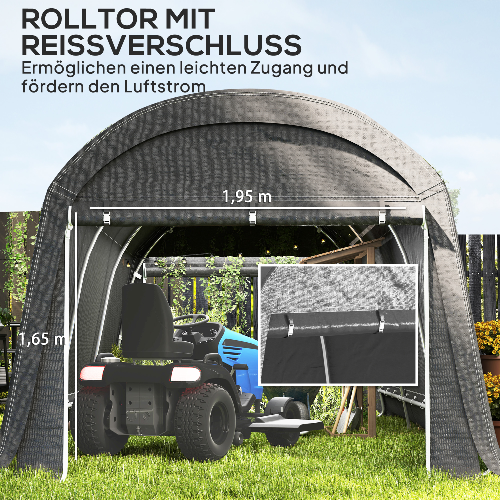 Tuinschuur met Kunststof Zeil, Gereedschapstent, Opzetbare Garage, 300B x 600D x 230H cm, Donkergrijs