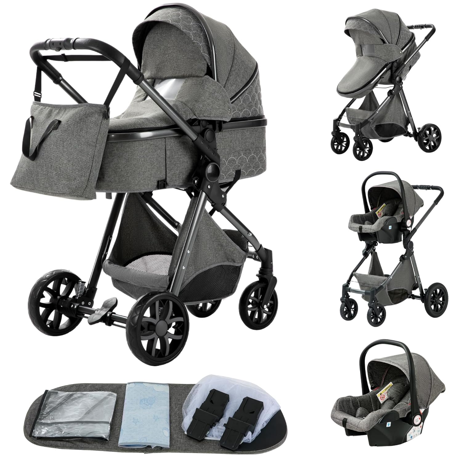 YAZOCO kinderwagen 3 in 1, Zusammenklappbar kinderwagen mit Wickeltasche,Komplettset Becherhalter,Moskitonetz, Fußabdeckung,Sitzzubehör (4 Rosa)
