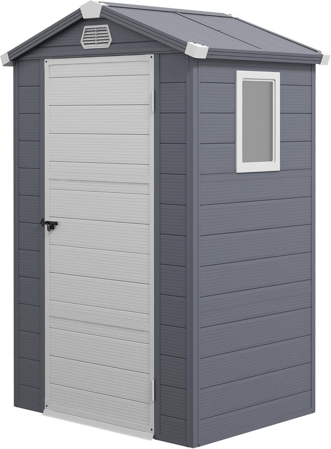 Outsunny Gerätehaus 1,1m², Geräteschuppen mit Satteldach, 133 x 102 x 208 cm, Kunststoff Gartenchuppen mit Abschließbar Tür Belüftungsöffnung Fenster Fundament, Gartenhaus für Garten Dunkelgrau