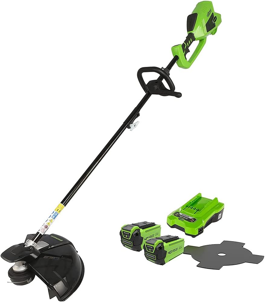 Greenworks GD40BCK2X Akumulatorowa Kosa z Silnikiem Bezszczotkowym, Szelki, Regulowana Wysokość, 40 cm Szerokość Cięcia, 2 mm Żyłka Nylonowa lub 25 cm Ostrze, 2 x Bateria 40V i Ładowarka