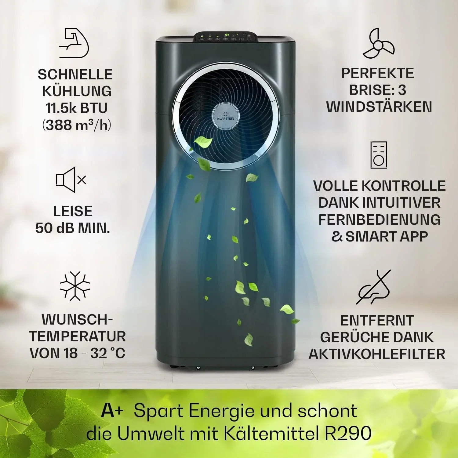 Klarstein Mobile Klimaanlage mit Abluftschlauch, 5-in-1 Klimager?t, Ventilator, Luftentfeuchter, Luftreiniger & Nachtmodus, App-Steuerung, Kleine & Portable, f��r Wohnung & B��ro, 12000 BTU