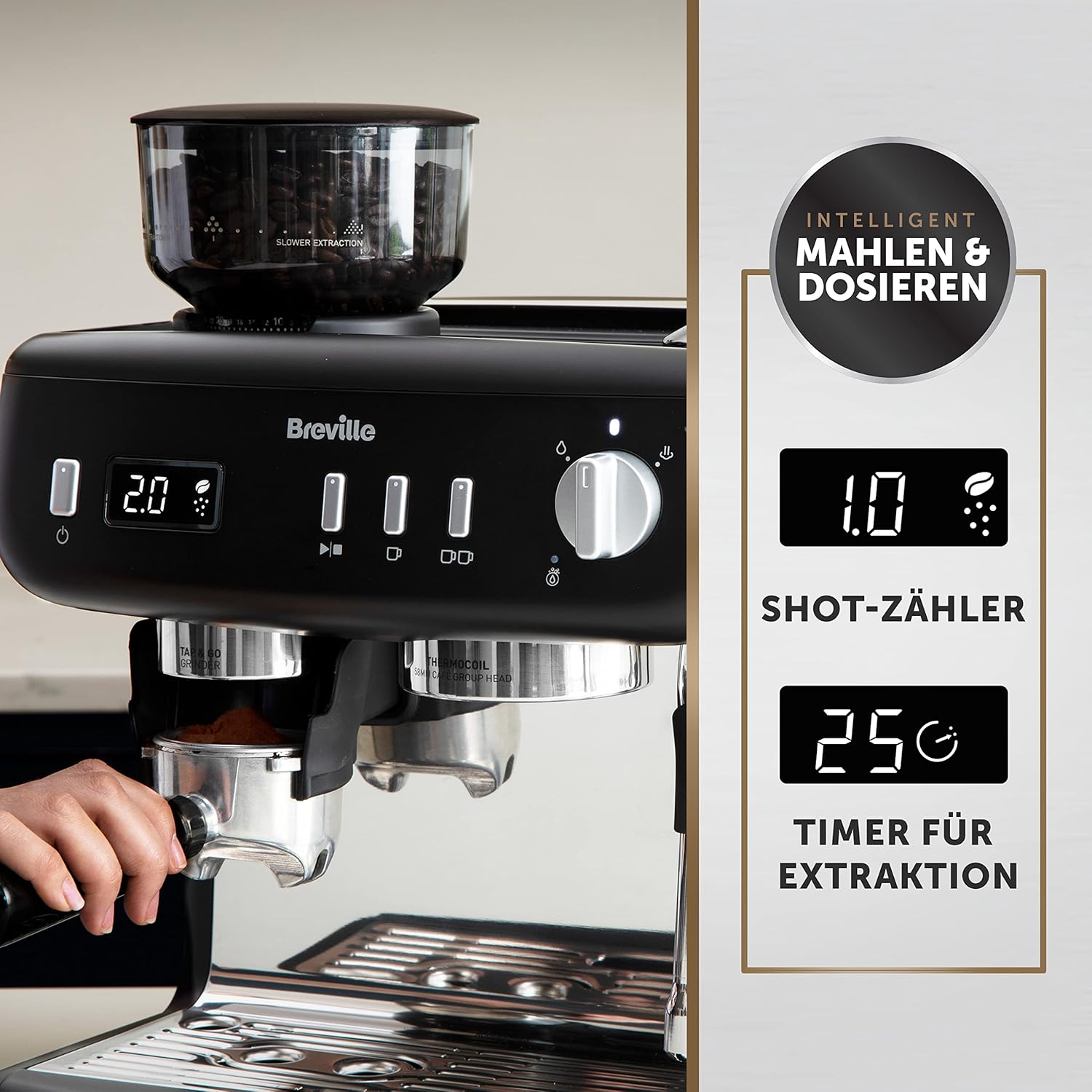 Breville Barista Max Siebträgermaschine | Espressomaschine/Kaffeemaschine mit integriertem Mahlwerk und Milchaufschäumer| 2,8-l-Wasserbehälter | Italienische Pumpe mit 15 Bar | Edelstahl [VCF126X]