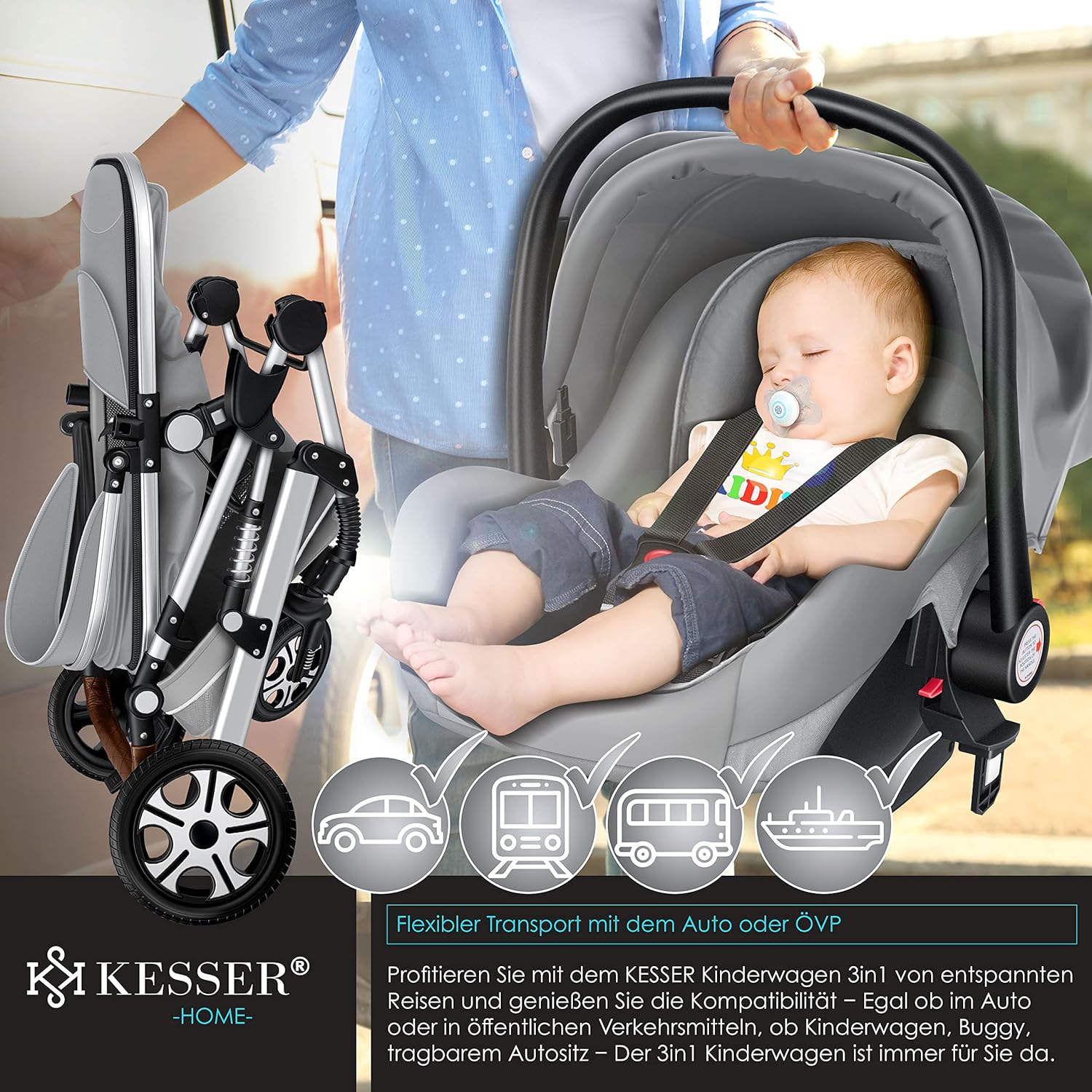 KESSER® Loops 3 in 1 Kinderwagen Kombikinderwagen Komplett-Set inkl. Babywanne & Buggy Sportsitz & Auto-Babyschale Voll-Gummireifen Wickeltasche Regenschutz Kindertisch ECE R129, Schwarz/Champagne