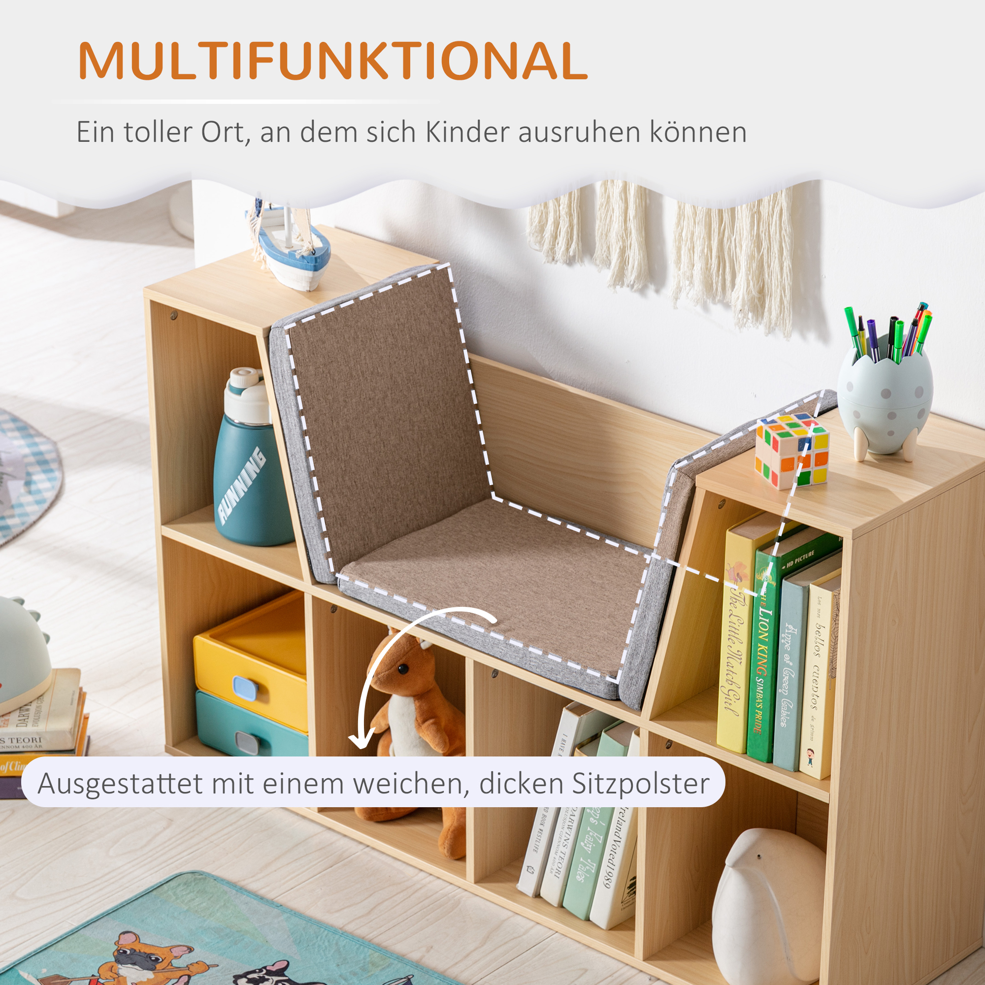 2-in-1 Kinderrek + Speelbank incl. Kussens 103 cm �� 30?cm �� 62 cm Grijs + Naturel