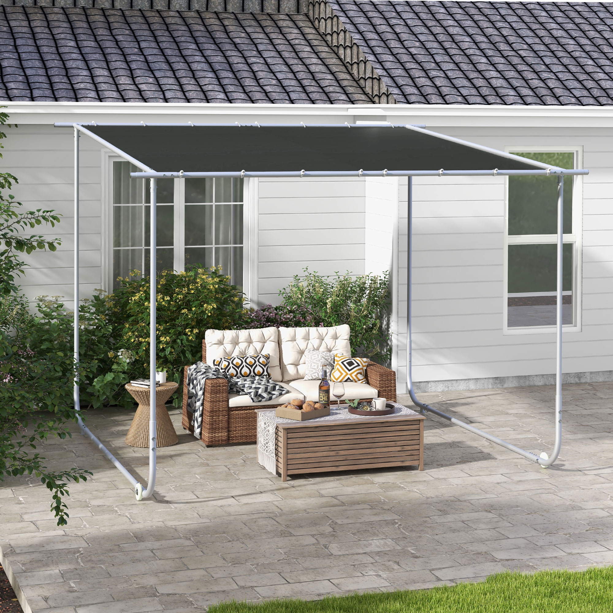Outsunny Mobiele Paviljoen met Wielen, Inclusief Zandzakken, Metalen Frame, 3x3m, Grijs