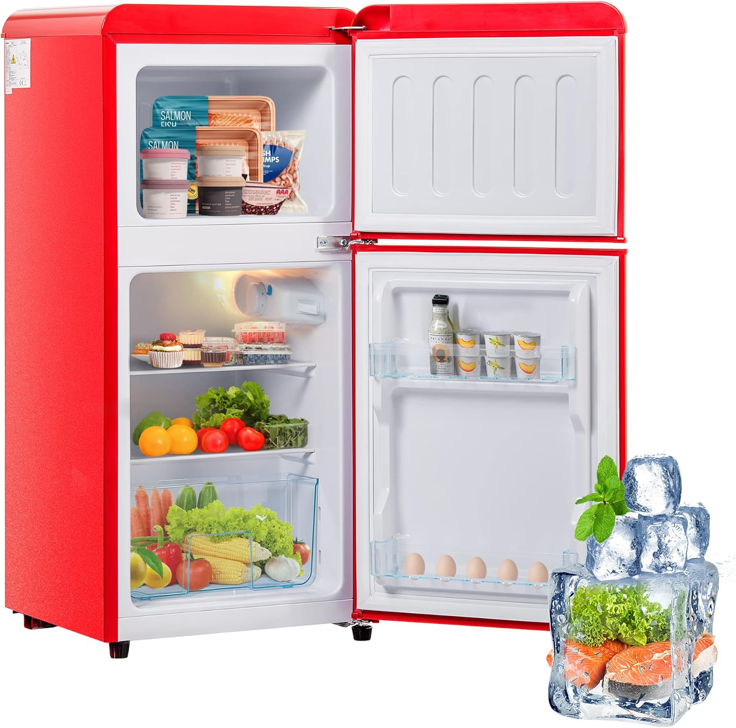 Merax Réfrigérateur Vintage à Double Porte avec Congélateur,60 Litres de Volume Total, 22 Litres de Volume de Congélation, 163 kWh/An, -27°C à ~13°C, Lumière LED, Rouge
