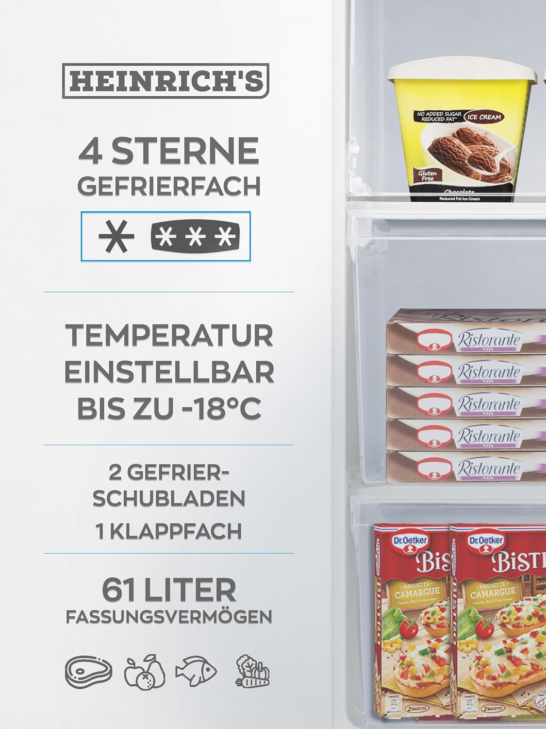 Heinrich´s Gefrierschrank 61Liter -18°C Freezer, 3x Gefrierschublade, 7 Stufen Temperaturregler, Airflow, wechselbarer Türanschlag weiß