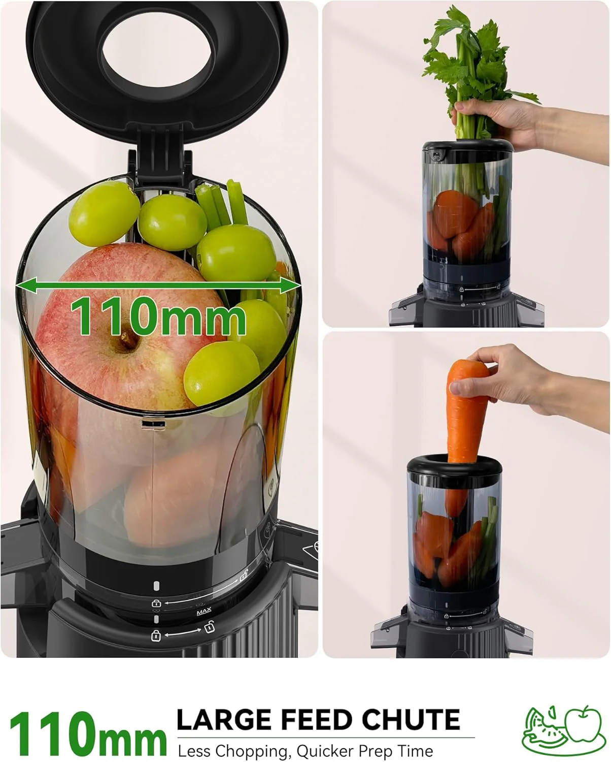 ACOQOOS Sapcentrifuge, sapcentrifuge voor groenten en fruit met 110 mm vulopening, eenvoudig te reinigen slowjuicer met 2 bekers, zwart