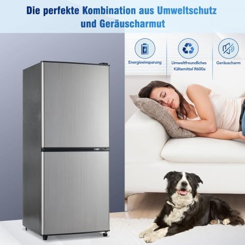 Merax Retro Kühlschrank mit Gefrierfach – 106L Mini Kühlschrank, 60L Kühlschrank + 46L Gefrierschrank, 7 Temperatureinstellungen, LED-Licht, Silber-Tür, 166 kWh/Jahr, Energieklasse E
