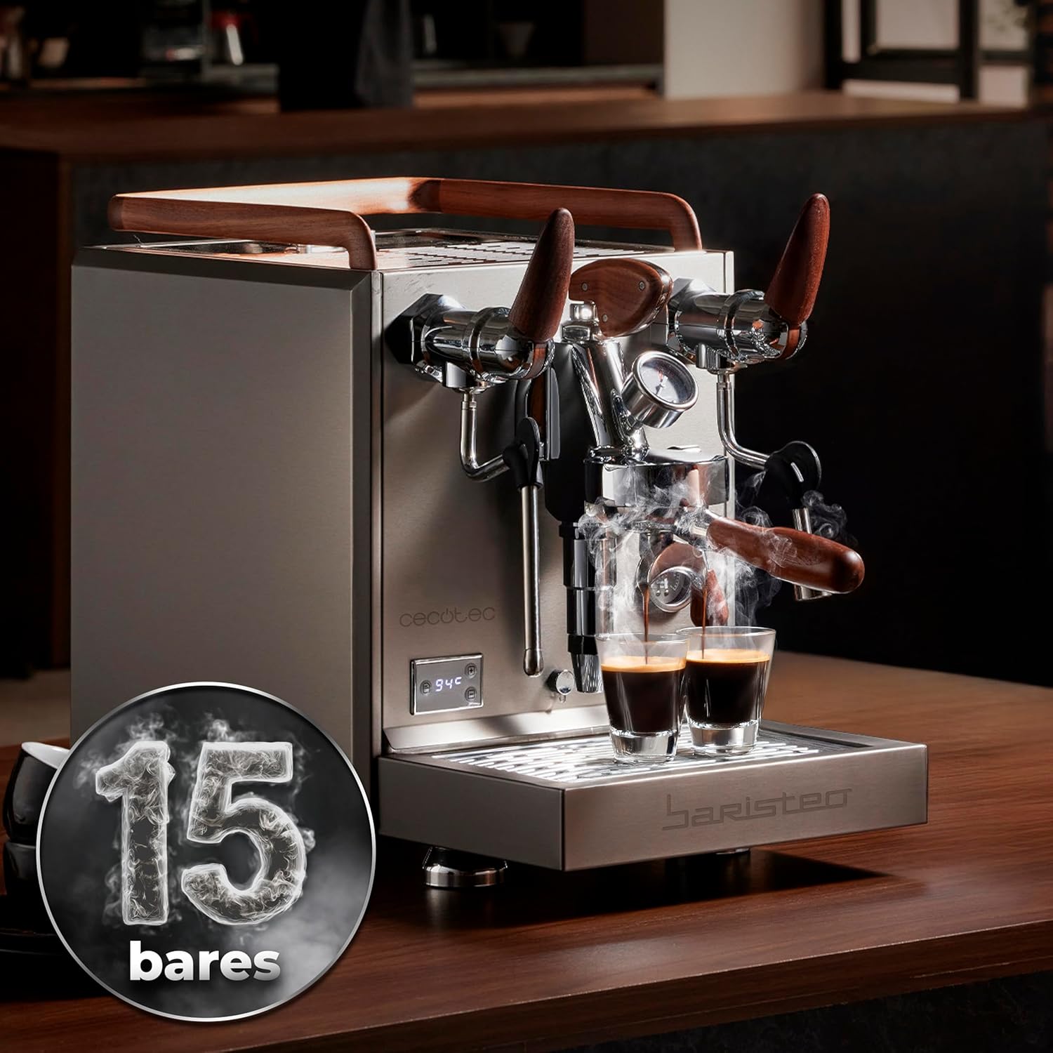 Cecotec Espresso-Kaffeemaschine Barista Baristeo Intima, professionelle Barista-Espressomaschine, Vorbrüh-System, 15 Bar Pumpe, einfaches Befüllen, 1,7L Wassertank und Tassenwärmer