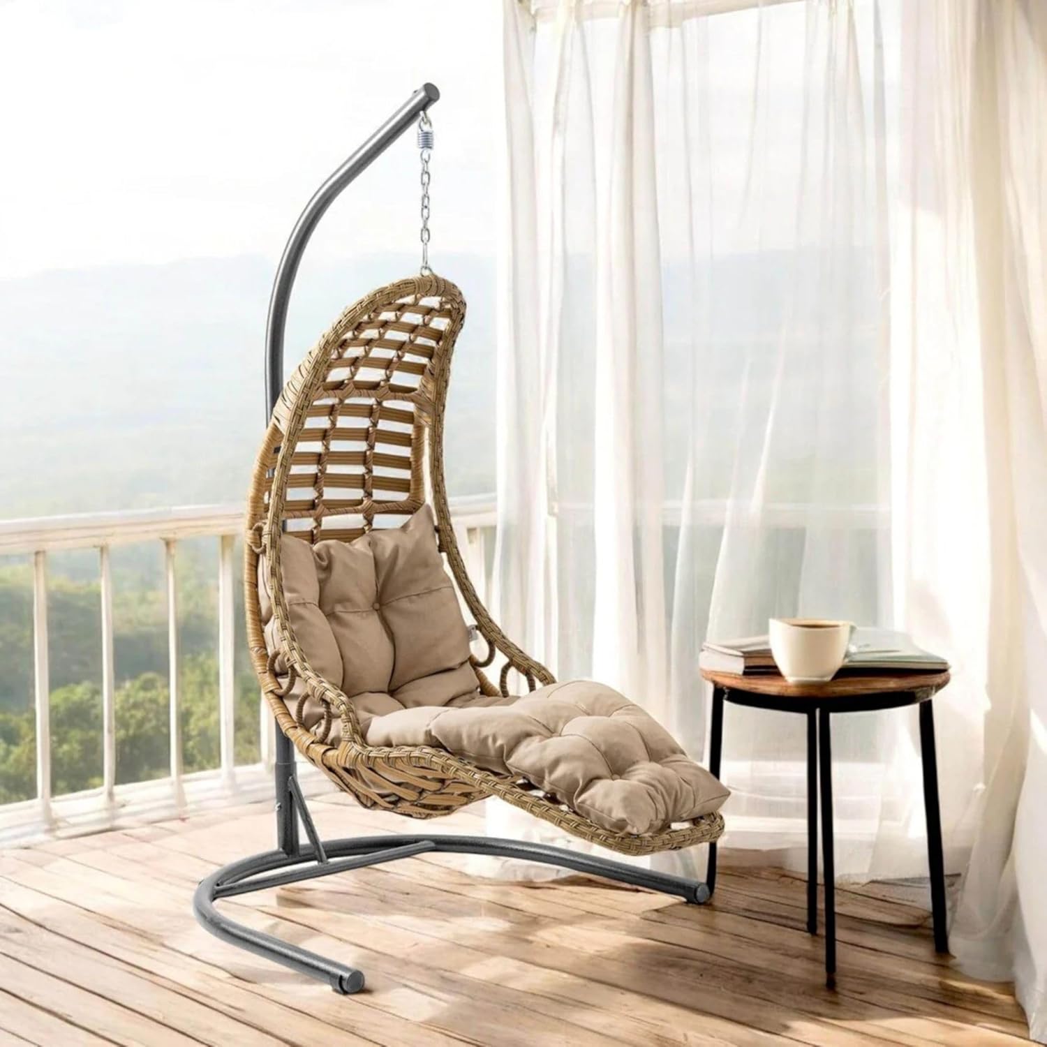 Hängesessel mit Gestell & Kissen Handgeflechtet Hängestuhl Rattan Hängematte Hängekorb Garten Balkonmöbel Hängeschaukel Bodrum (Hellbraun)
