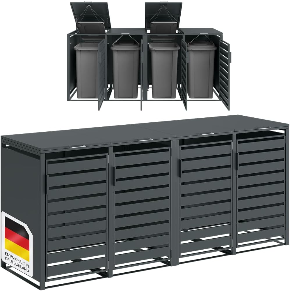 STEELSØN Kestra Mülltonnenbox 4er bis 240L – Mülltonnenverkleidung mit Sichtstreifen aus Stahl – hochwertige Müllcontainer in Anthrazit für 4 Tonnen – Müllbox/Gerätebox wetterfest & UV-beständig
