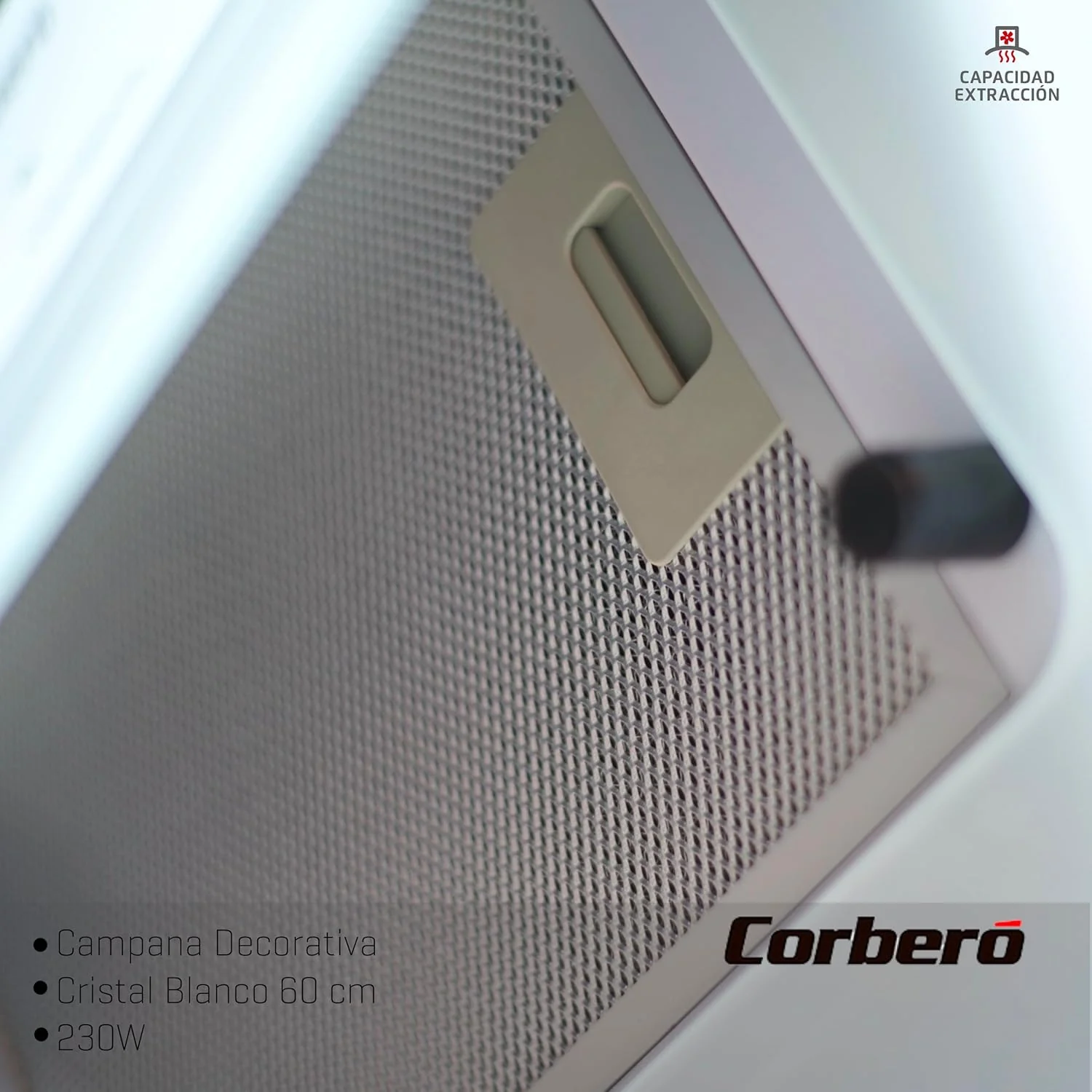 Corbero - Campana Extractora 60 cm | ONEGA675W | 705.2 m3/h | 66db| 230W | 4 Velocidades | Control Tactil| Vidrio Templado | 1 Filtro Aluminio + 1 Filtro Carbón | Blanco