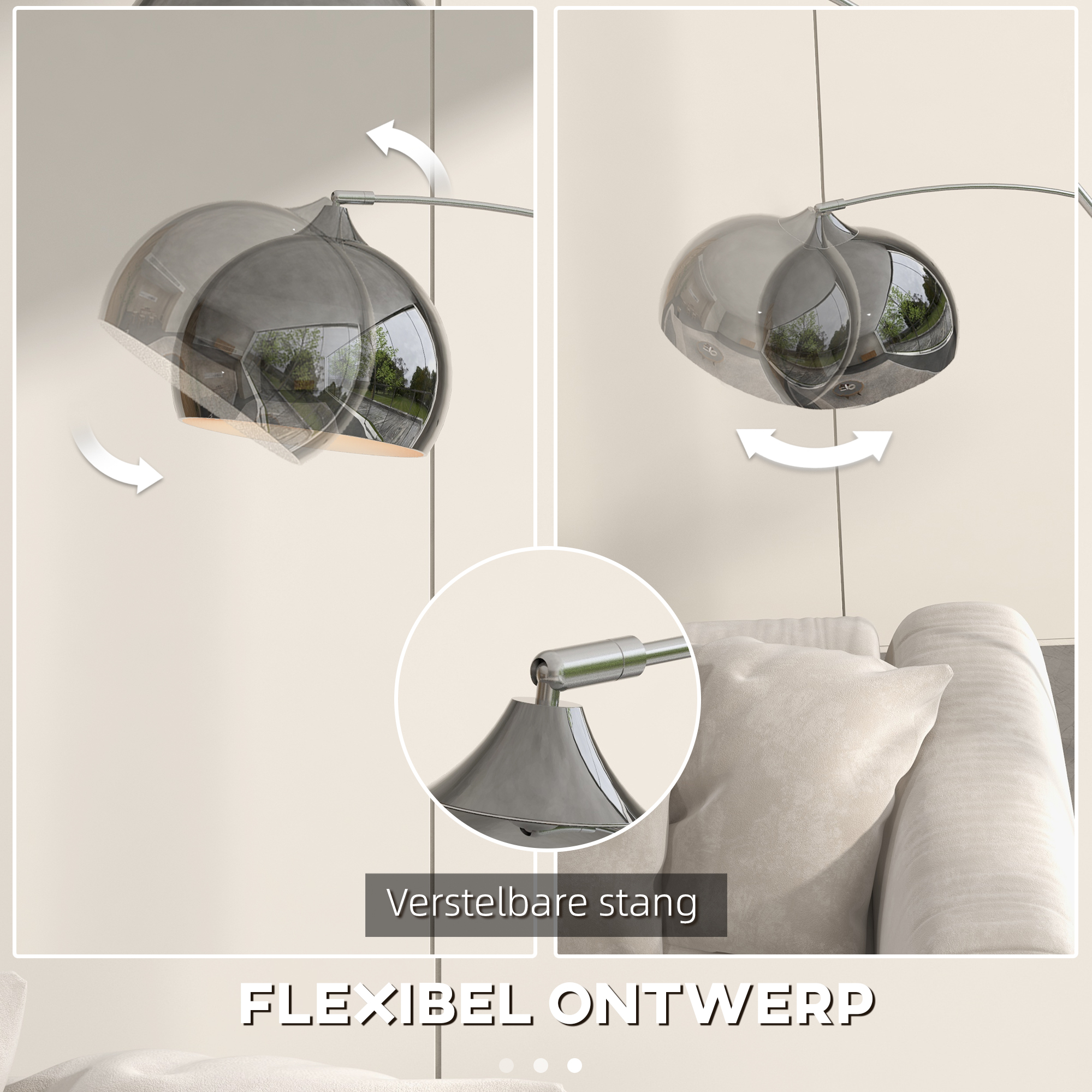 Booglamp, Staande Lamp, Verstelbaar, Voetschakelaar, Voet in Marmerlook, 170-180cm, Zilver/Zwart