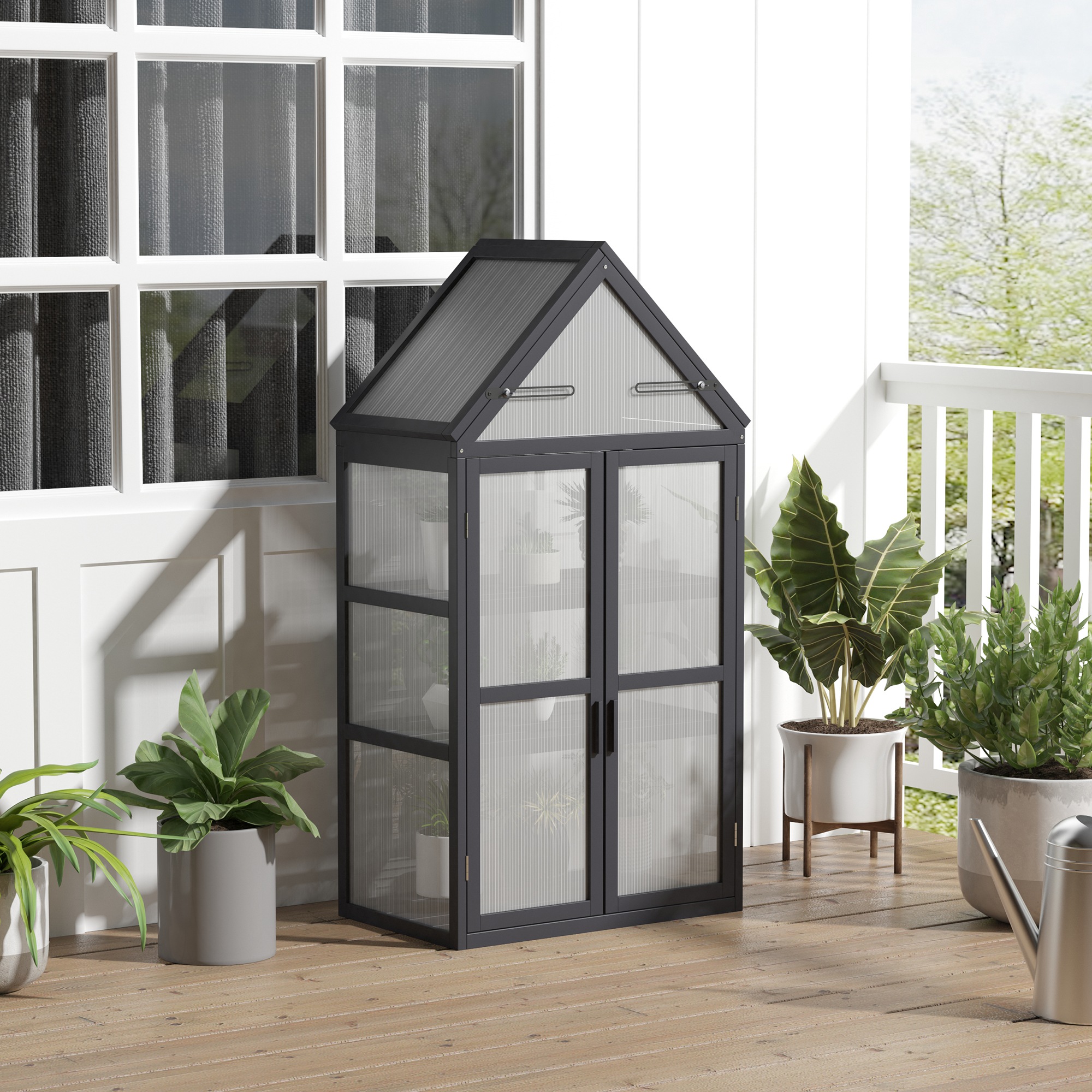 Outsunny kas met 3 planken, massief hout, behuizing van polycarbonaat, grijs, 70,5 x 42 x 132 cm