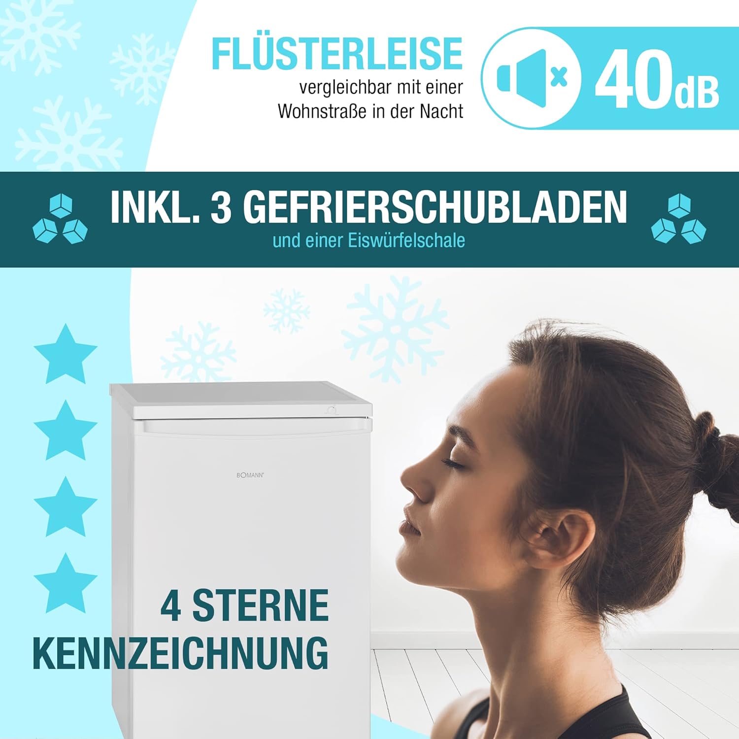 Bomann® Gefrierschrank | 85 Liter Nutzinhalt | Gefrierschrank klein mit 3 Gefrierschubladen u. Eiswürfelschale | Mini Fridge mit stufenloser Temperaturreglung | Türanschlag wechselbar | GS 2186.1 weiß