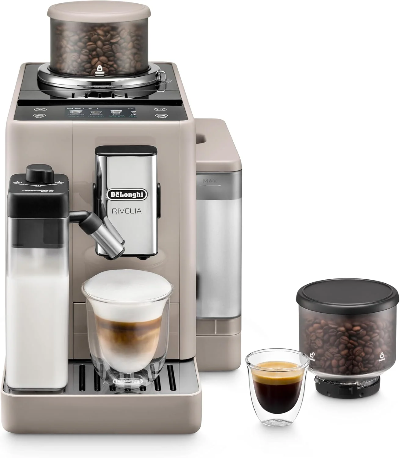 De'Longhi Rivelia EXAM440.55.W volautomatische espressomachine met LatteCrema-melksysteem, verwisselbaar bonenreservoir, 16 koffie- en melkdranken met ����n druk op de knop, Extra-Shot-functie, 3,5 inch touchscreen, wit