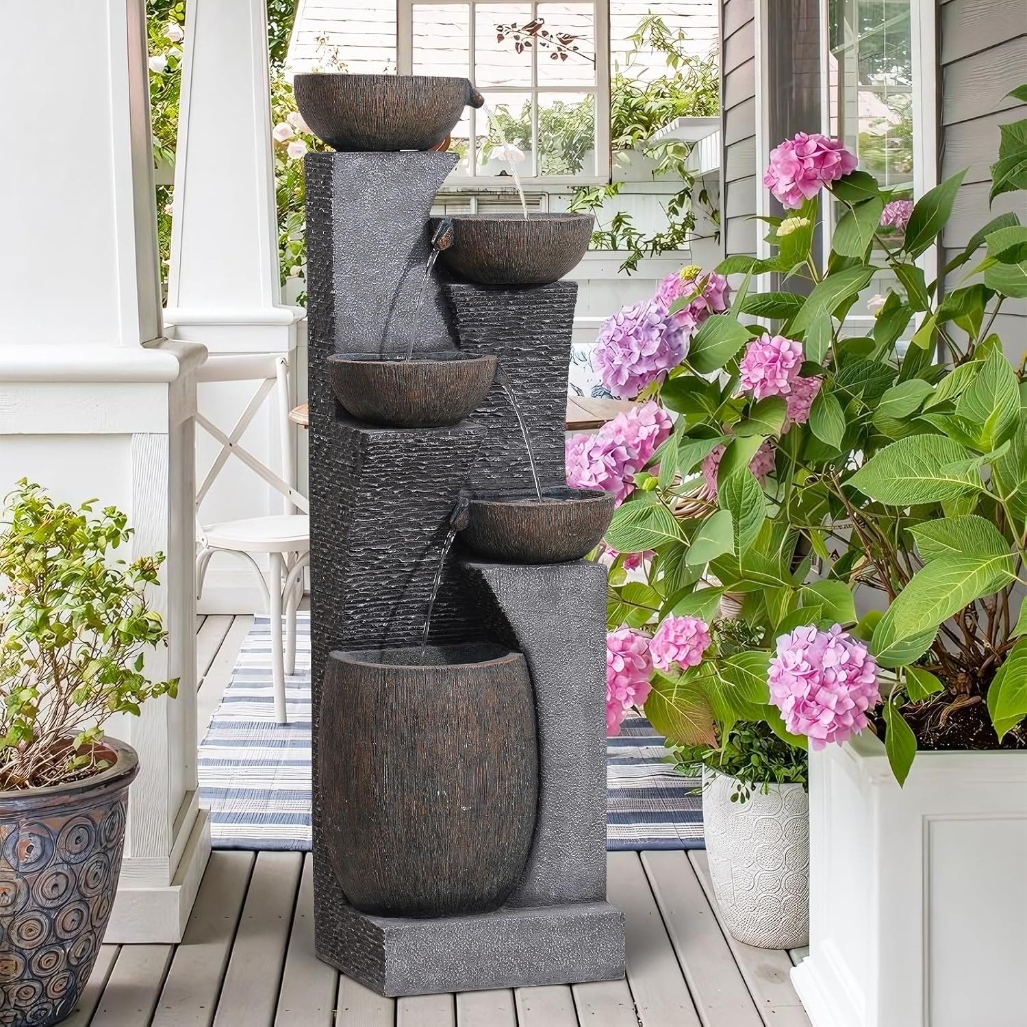 Bumilgar Großer Gartenbrunnen Springbrunnen für Außen mit LED Beleuchtung, 5-stufiger Wasserspiel Wasserfall Brunnen für Garten,Balkon,Terrasse,134x46x37 cm