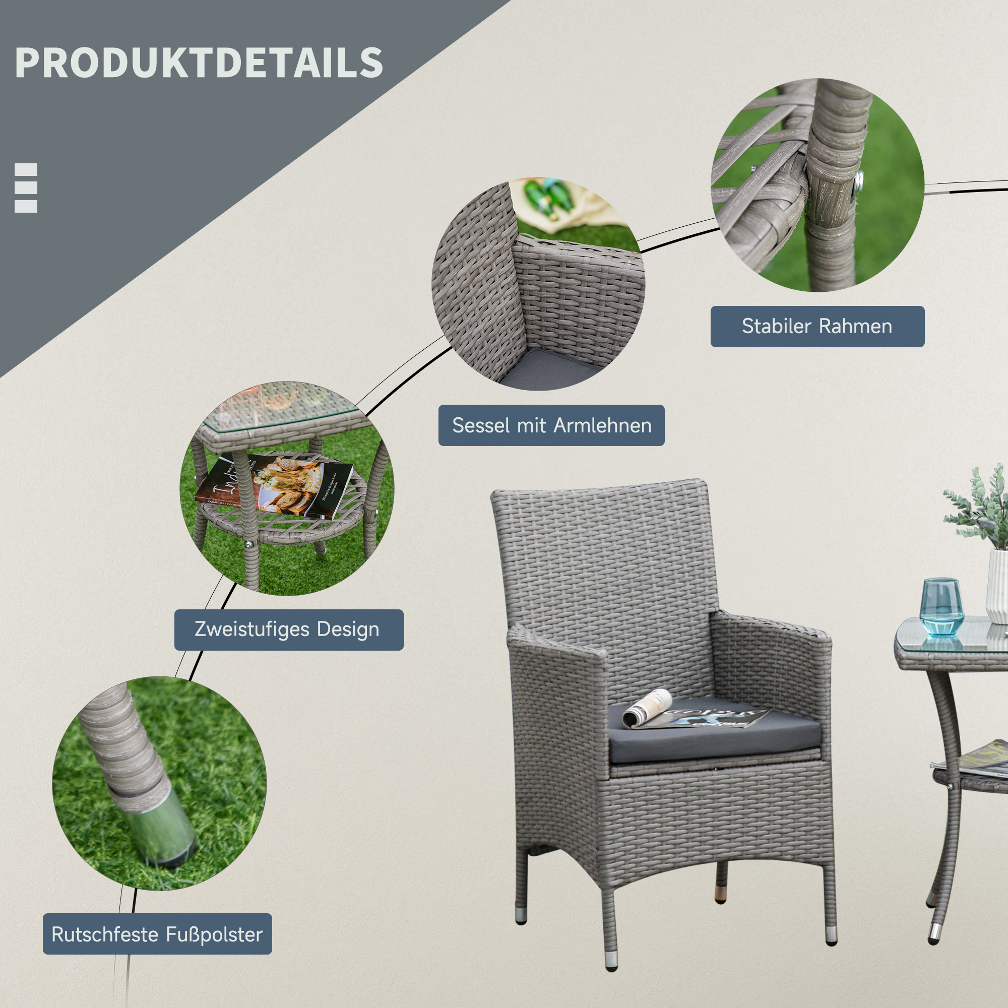 Outsunny 3-delige tuinzitgroep Zitset met bijzettafel poly-rotan staal grijs