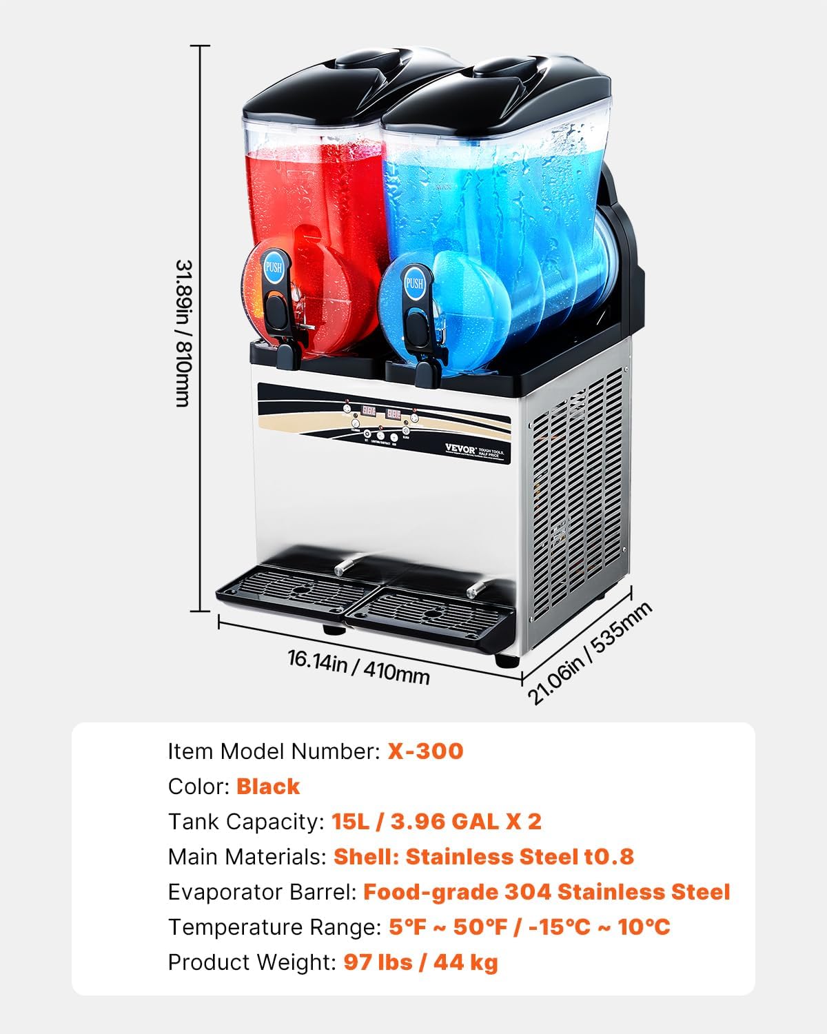 VEVOR Slushy Machine 15Lx2 Double Tank Commercial Margarita Machine 120 Cups Stainless Steel