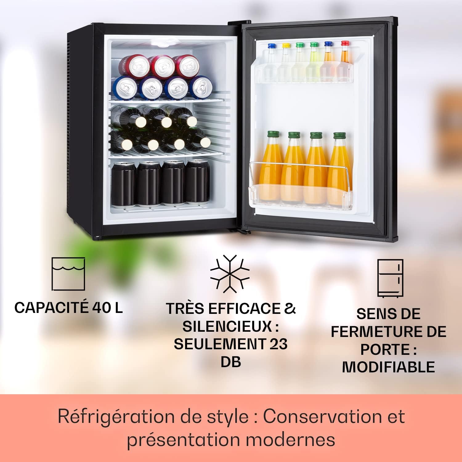 KLARSTEIN Happy Hour Mini Frigo Silencieux de Chambre/Cosmetique Ultra Compact, Mini Bar, Refrigerateur Aliments, Boissons, Etagères Réglables, Petit Frigo Camping, Voiture, 5-15°C, 40L