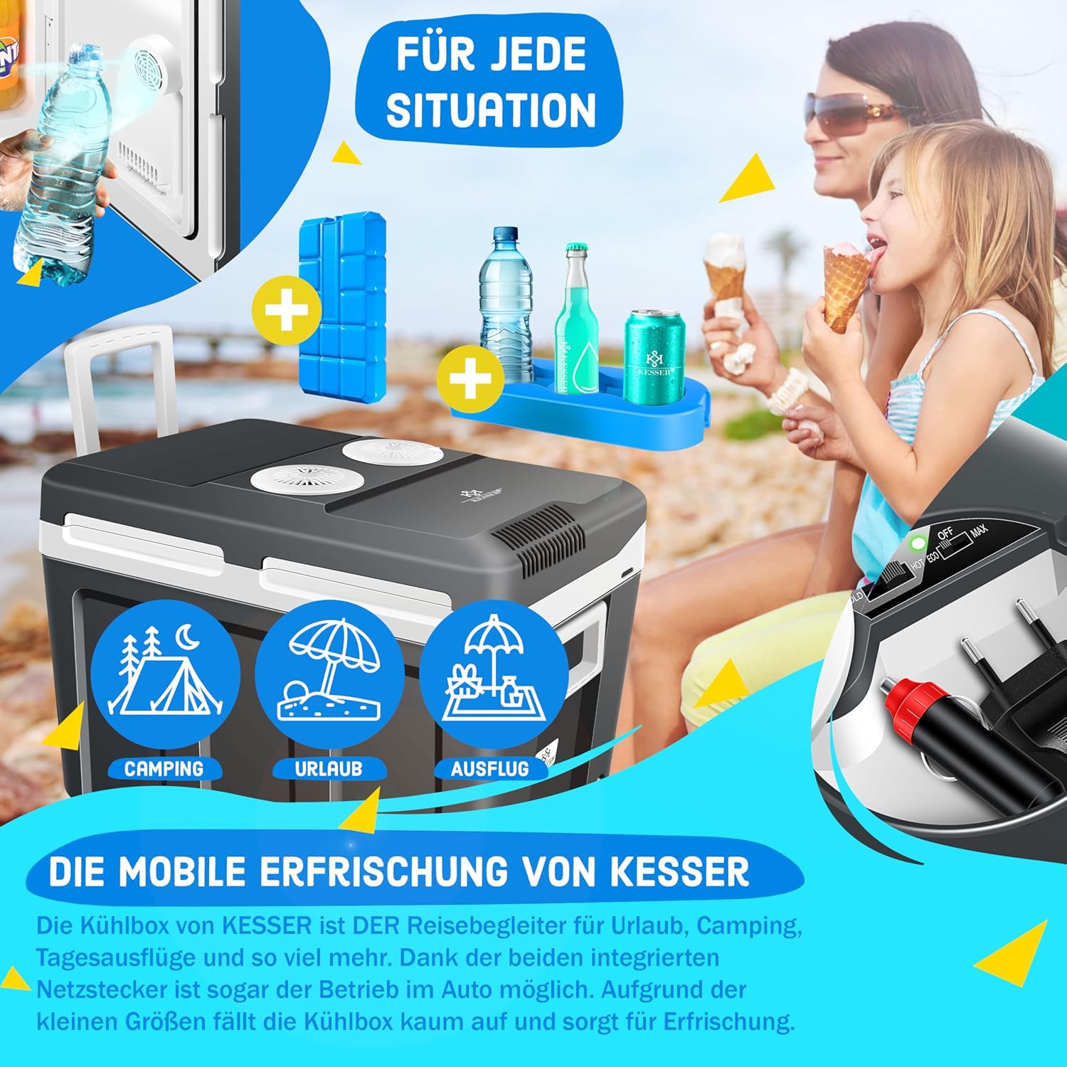 KESSER® Kühlbox 40L mit Rollen | Thermo-Elektrische Kühlbox | KÜHLT und WÄRMT | 12 & 230V | Thermobox für Auto, Boot & Camping | Mini-Kühlschrank mit ECO & MAX Modus