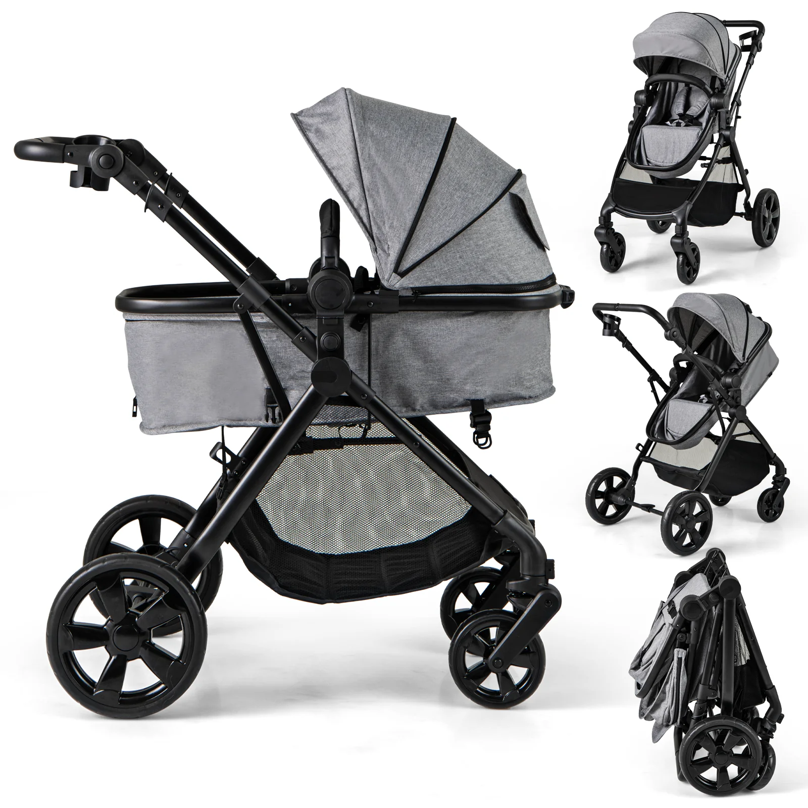 2-in-1 Convertible Baby Stroller, Foldable Infant Carriage with Reversible Seat