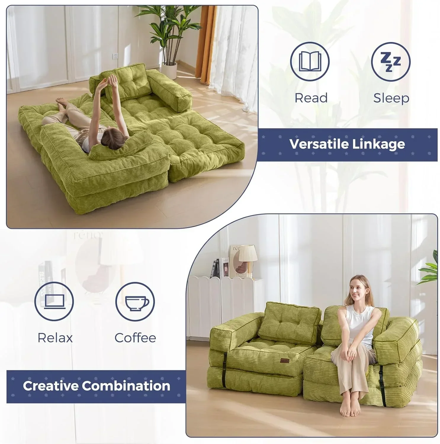 Folding Sofa Bed L-Shaped Convertible Sofa Bed with Armrests and Pillows