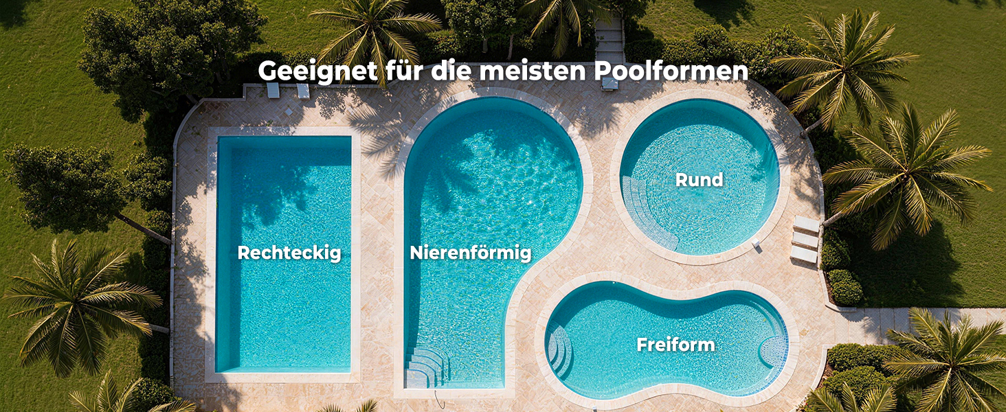 Der Text lautet „Geeignet für die meisten Poolformen“. Luftaufnahme von drei miteinander verbundenen Schwimmbädern in einzigartigen Formen, umgeben von Palmen und Gartenanlagen.