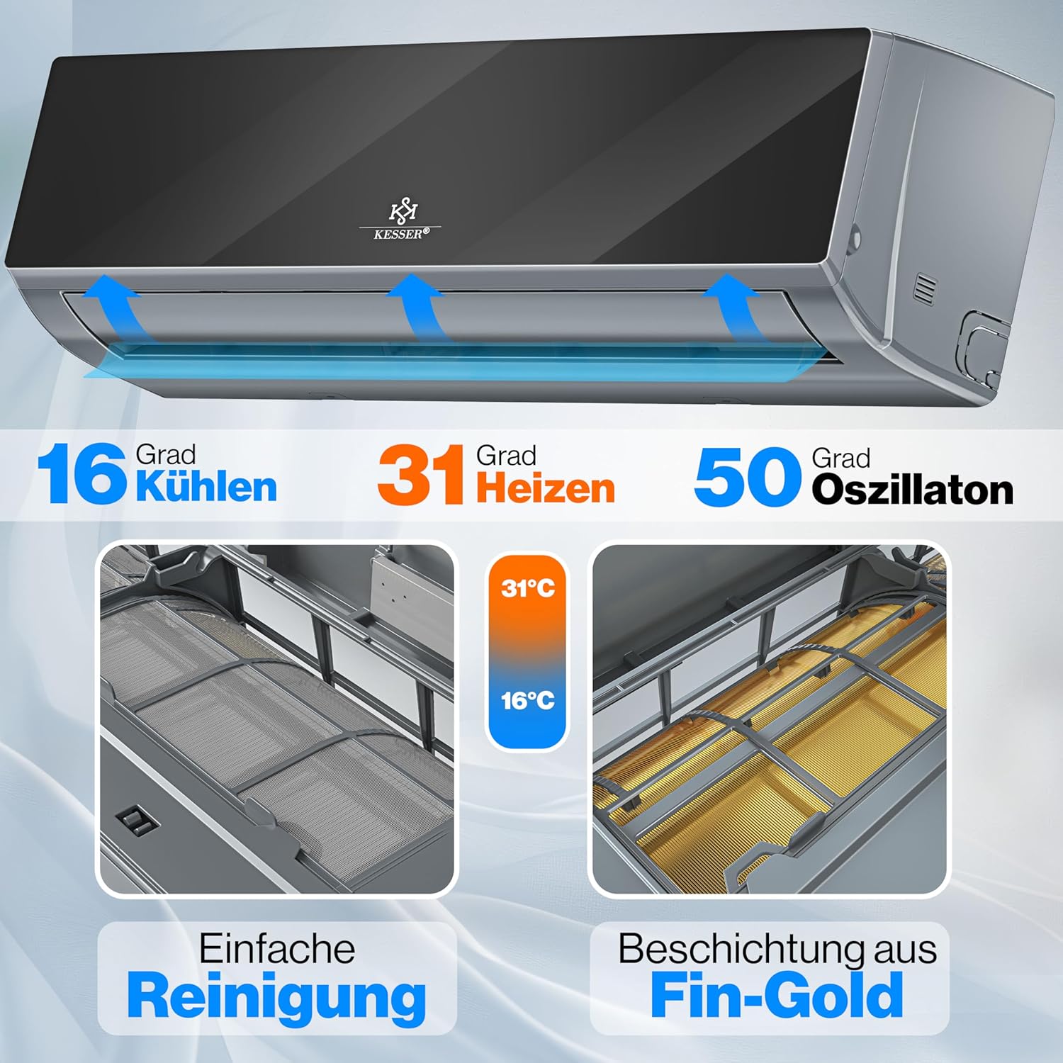 KESSER® Klimaanlage Set Split, WiFi/App Funktion Klimagerät, Kühlen A++/Heizen A+ -9000 BTU/h (2.600 W) sehr leise, Kältemittel R32, Fernbedienung, Timerfunktion, Montagematerial [Energieklasse A++]