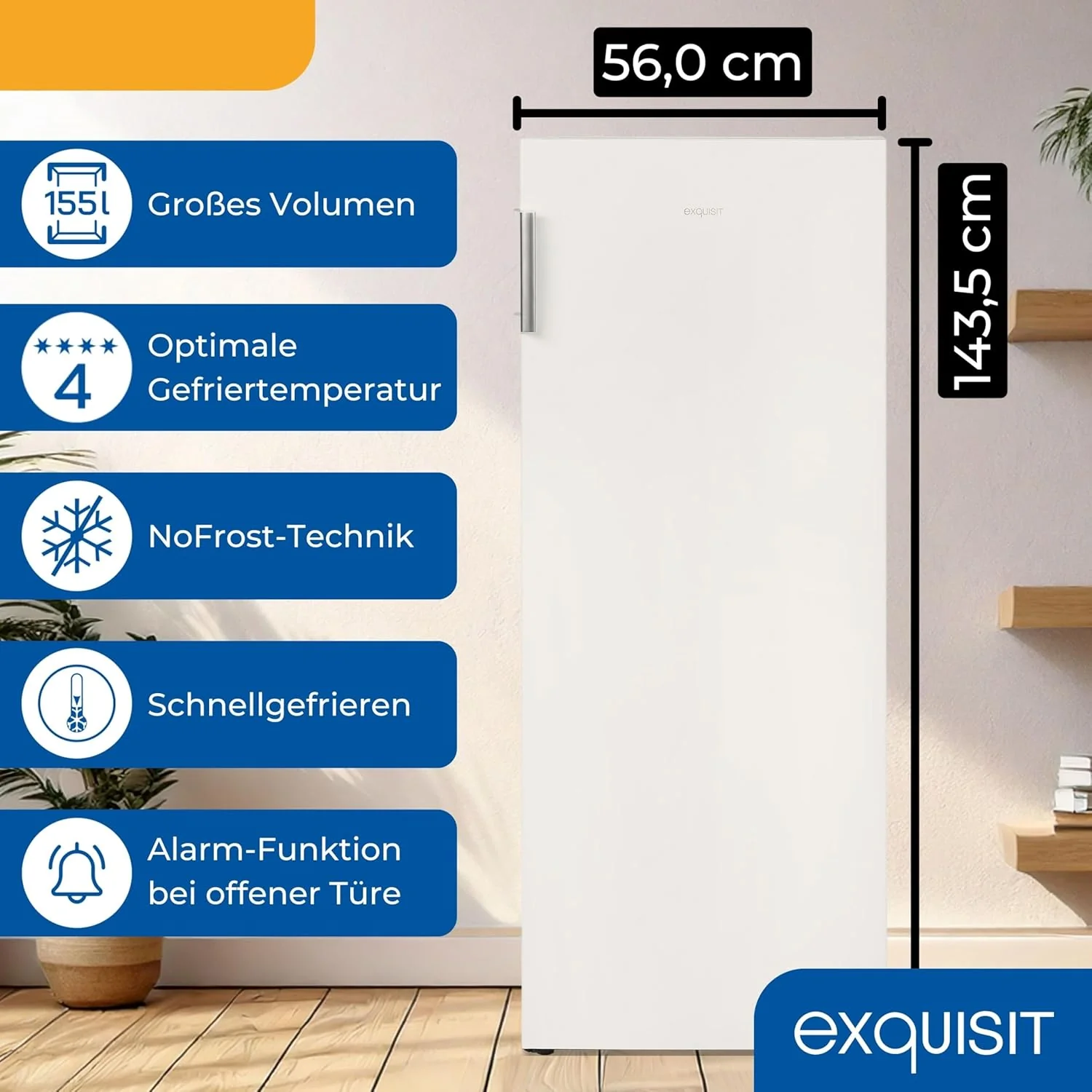 Exquisit Gefrierschrank NoFrost, Tiefk��hlschrank gro?, 161 Liter, Schnellgefrieren, Alarm-Funktion, GS5231-NF-H-040C weiss