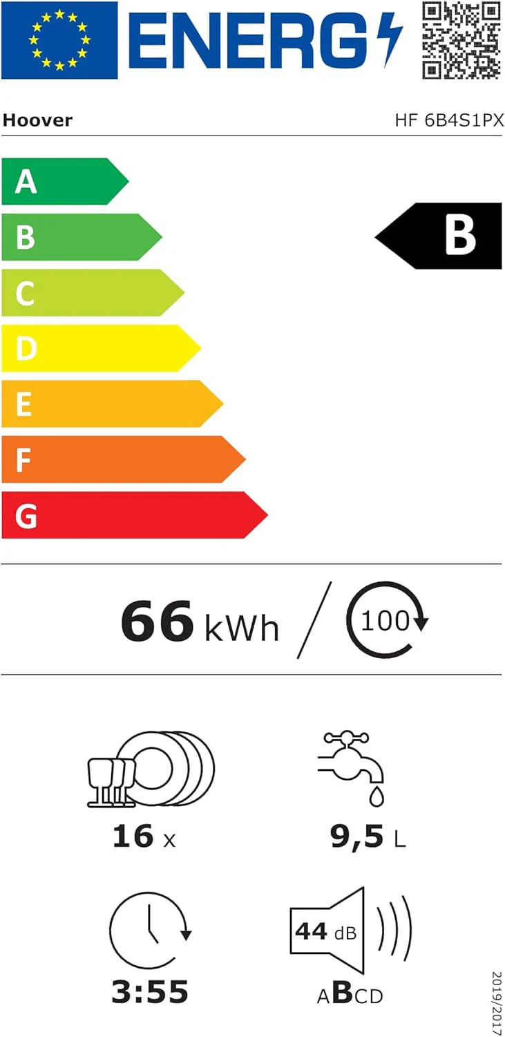 Hoover HF 4C6F0PW vaatwasser; 14 couverts; Vrijstaand, 60 cm breed; Energie-effici?ntieklasse C; Slimme bediening met wifi + bluetooth-technologie