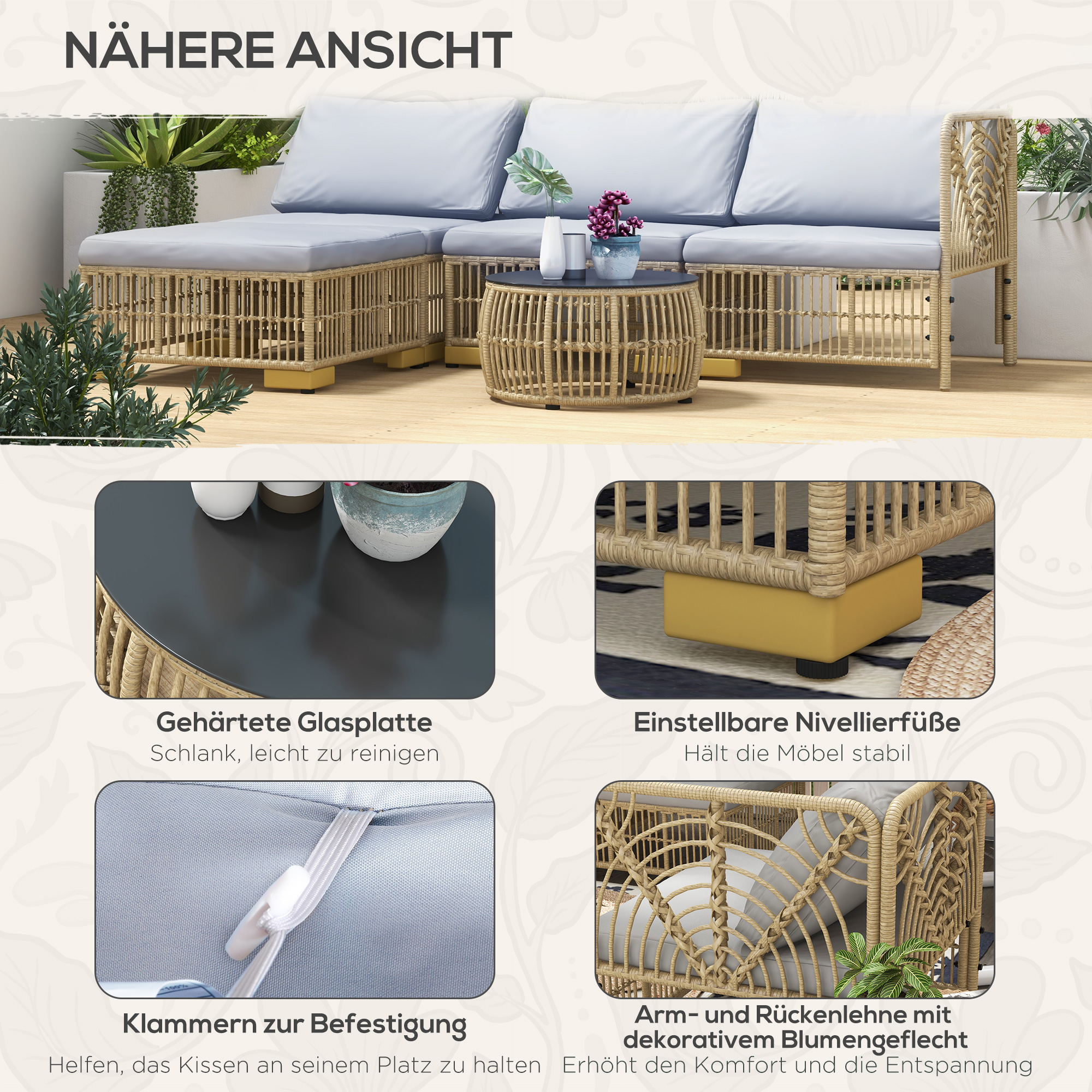 Outsunny Tuinset, 5-delig, inclusief zitkussen, kunstrotan, roestvrijstalen frame, lichtgrijs