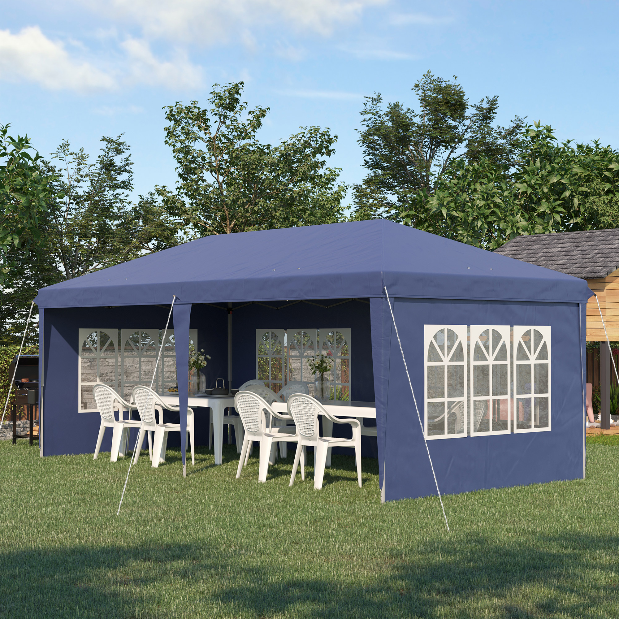Opklapbare tuinpaviljoen van 6 x 3 m, halfopen, verwijderbare zijwanden, grote ramen, draagtas, stalen frame, blauw