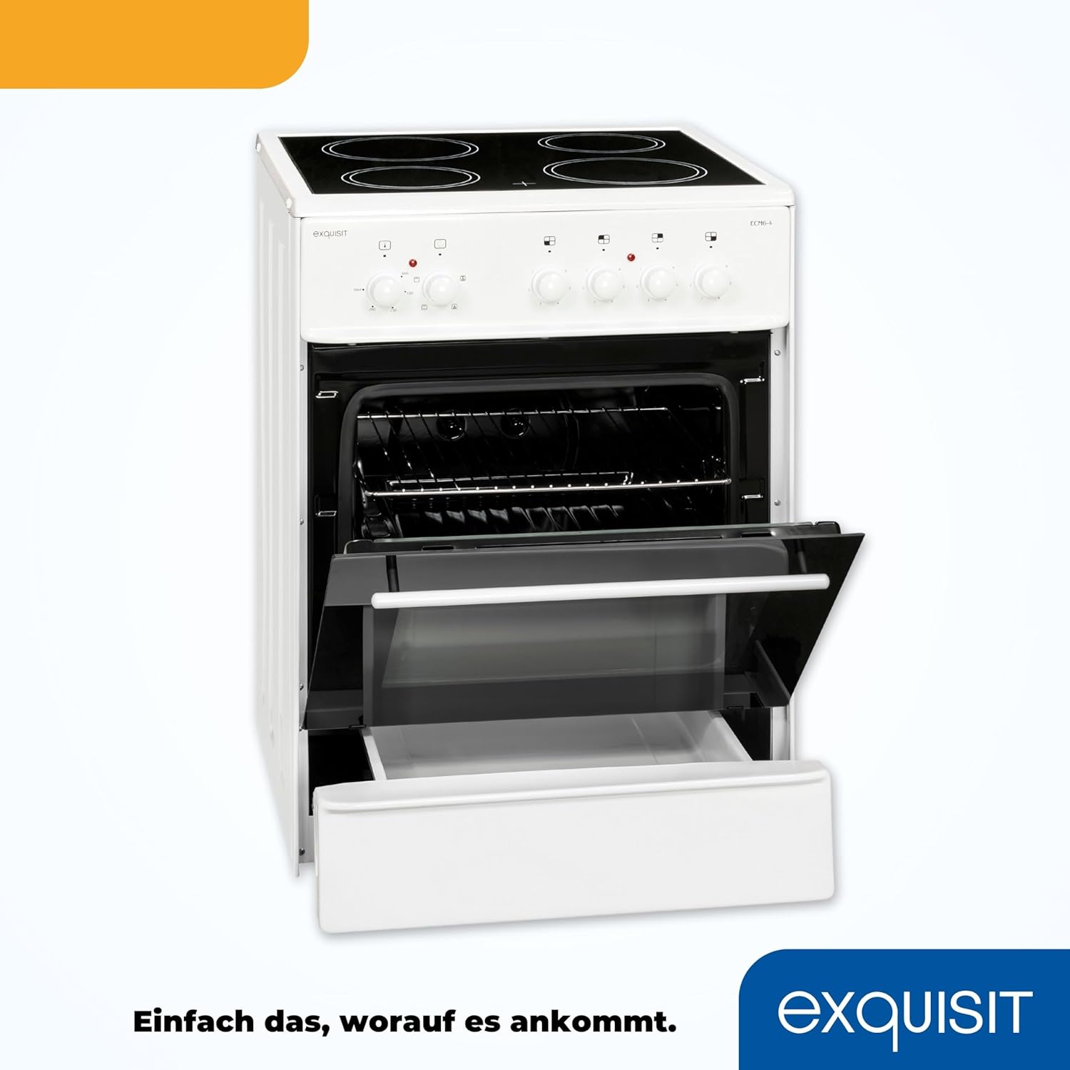 Exquisit Standherd ECM 6-4 | Standherd 60cm mit Glaskeramik Kochfeld | Ober- & Unterhitze | Grill | Umluft | Elektroherd freistehend 60 cm | weiss