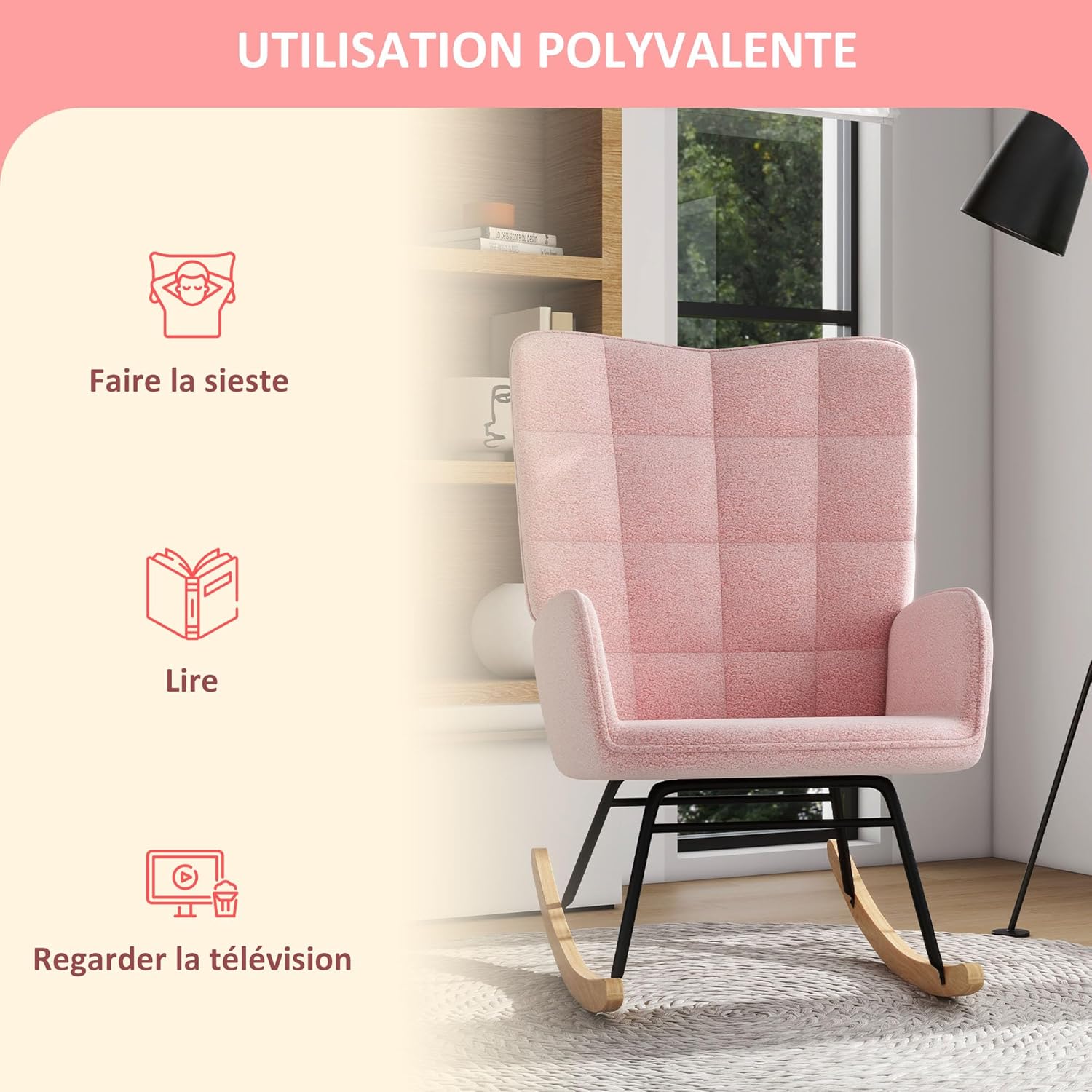 HOMCOM Schaukelstuhl, Schaukelsessel mit Berbervliesoptik, Armlehne, Gepolsterter Sessel mit Holzkufen, Relaxsessel für Wohnzimmer, Schlafzimmer, bis 120kg belastbar, Rosa