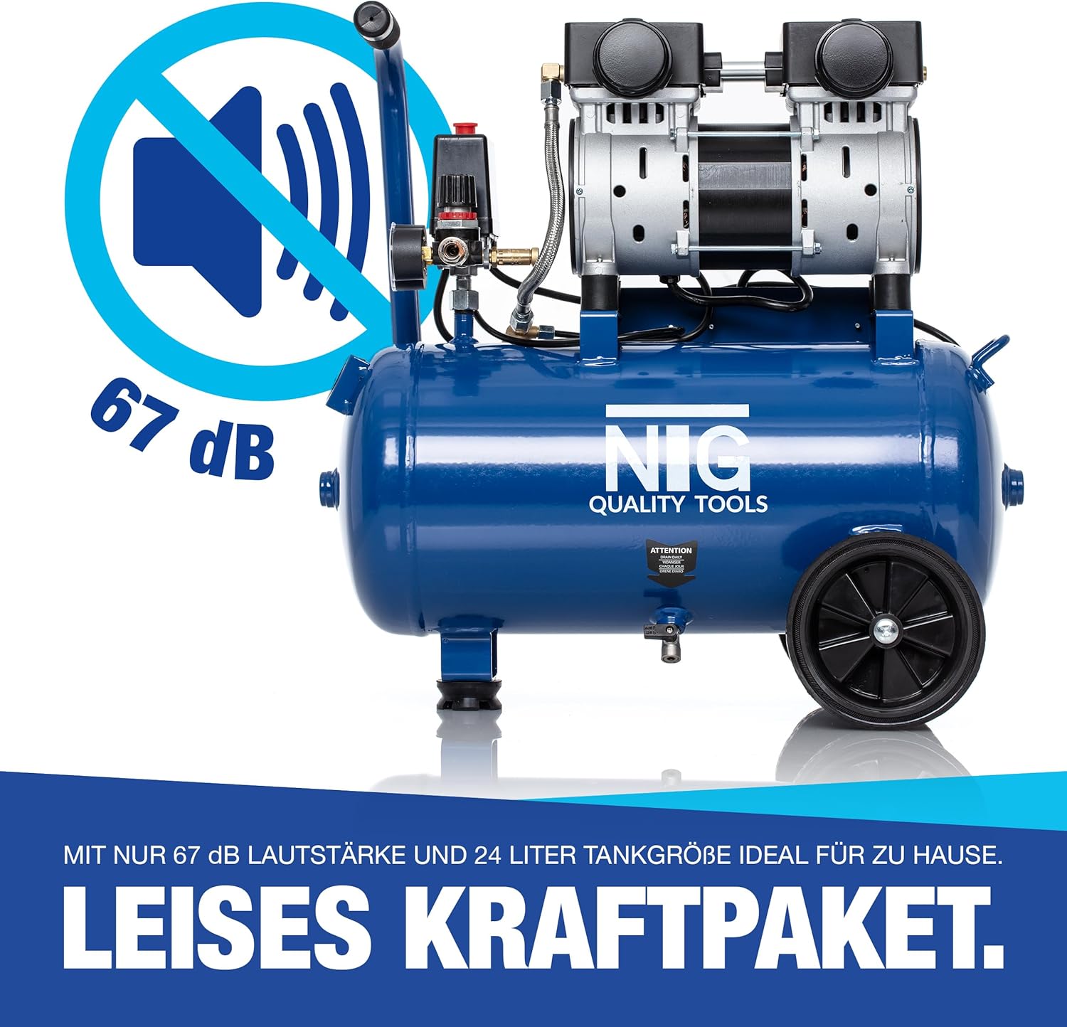 NTG Silent Kompressor 9 Bar 1470W Starke Leistung Ölfrei besonders leise und flexibel einsetzbar mit Manometer und Druckregler 24 L Tank (Kompressor mit Starterset, 24 Liter Tank)