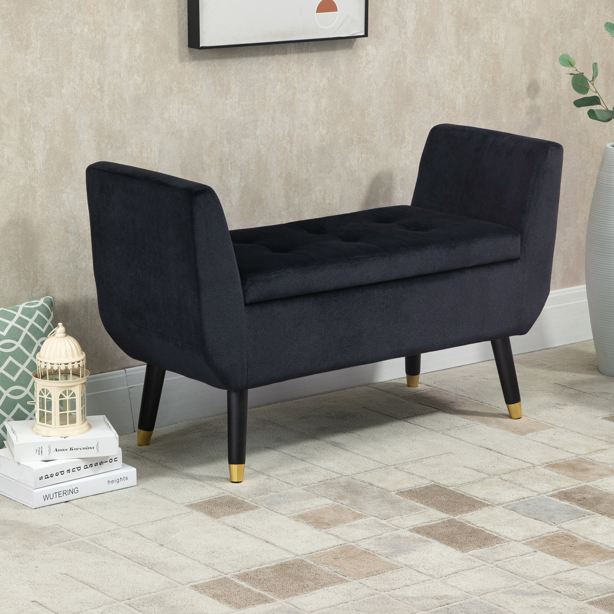 luxe bank gestoffeerde bank met opbergruimte armleuningen bank fluweelzacht polyester rubber hout zwart 107 x 42 x 65 cm