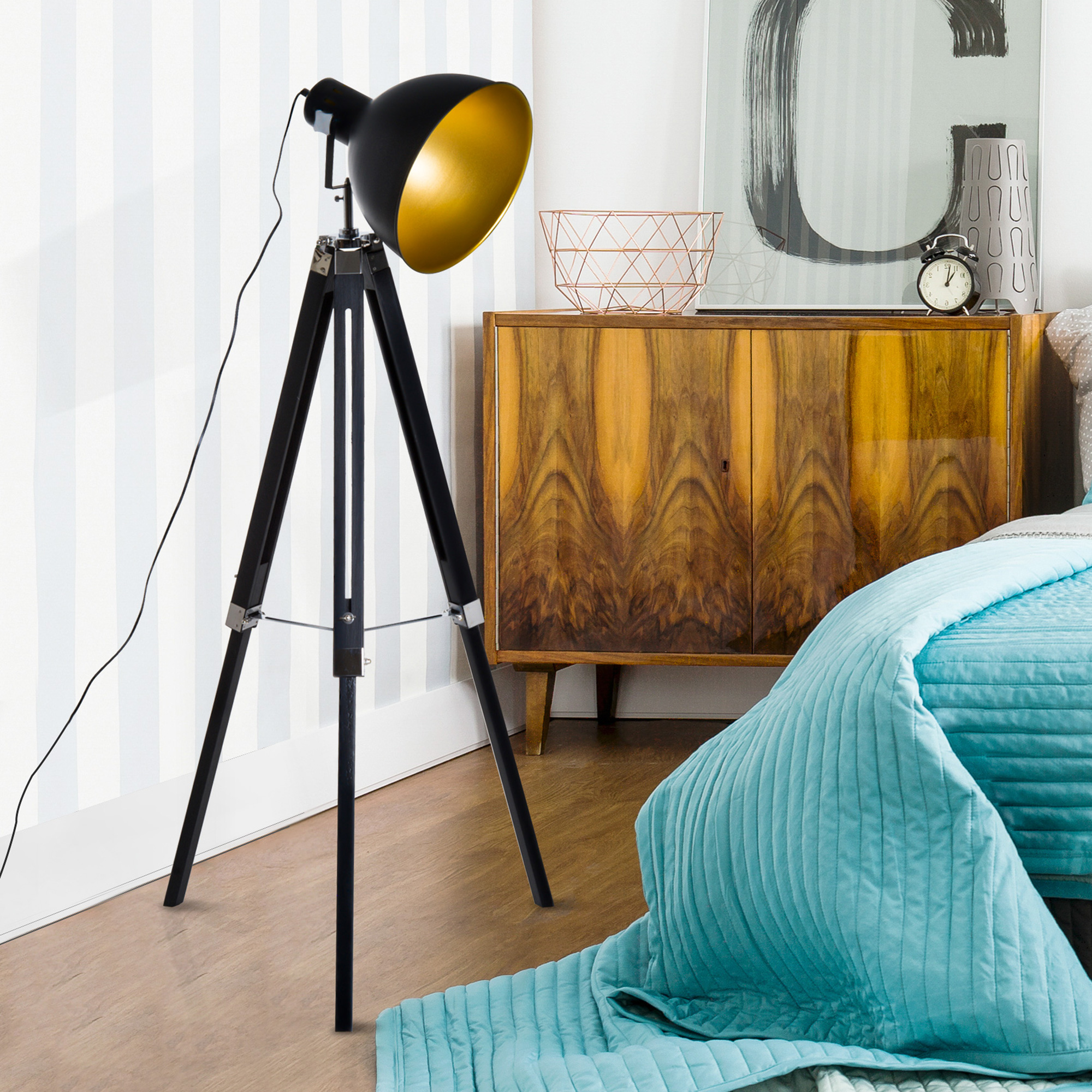 ? staande lamp driepoot vloerlamp in hoogte verstelbaar 108-152 cm E27 industri?le zwarte vloerlamp grenen goud 65 l x 65 b x 152 h cm