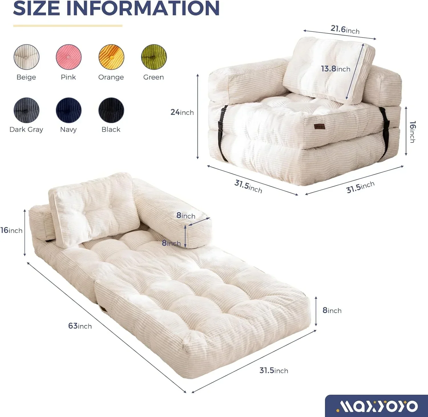 Folding Sofa Bed L-Shaped Convertible Sofa Bed with Armrests and Pillows