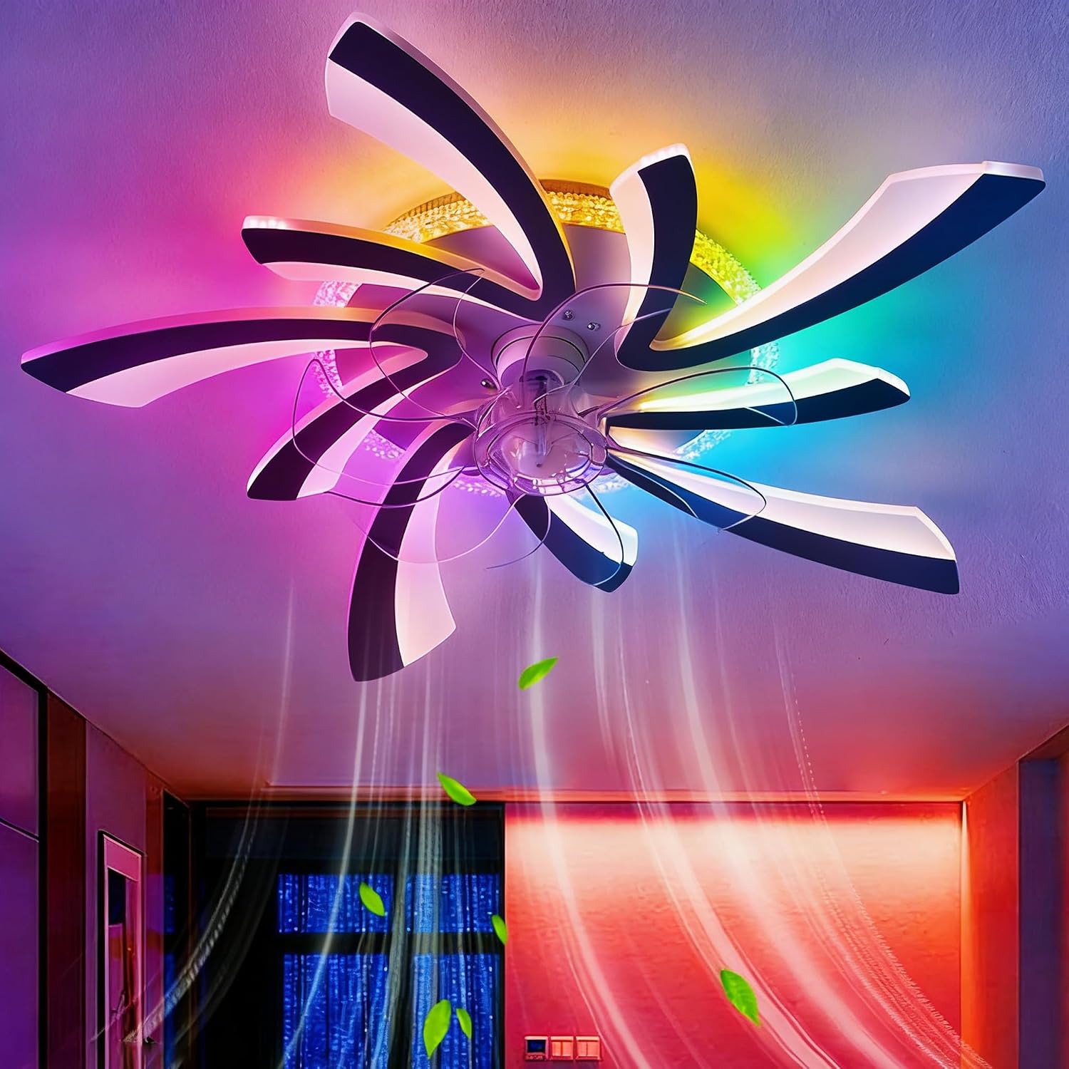 RGB Deckenventilator Mit Beleuchtung Und Fernbedienung Leise, Moderne Blume Ventilator Lampe LED Dimmbar, 6 Gang DC Motor Reversibler Deckenlampe Mit Ventilator Für Schlafzimmer Wohnzimmer-Black