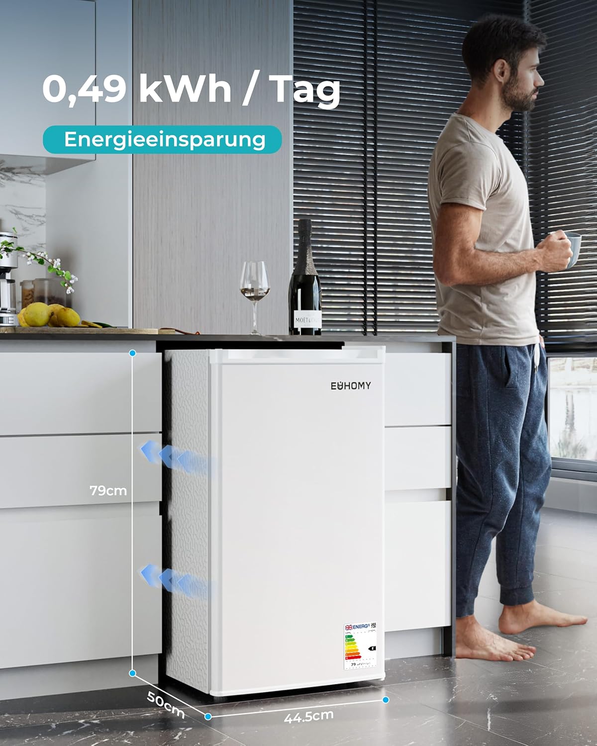 EUHOMY 91L Kühlschrank mit Gefrierfach klein& Gemüsefach (82L+9L) | 38dB Ultra-Leiser Mini Kühlschrank für Schlafzimmer/Büro | 7-Stufen Thermostat, Energieeffizien | 44.5x50x79cm Weiß